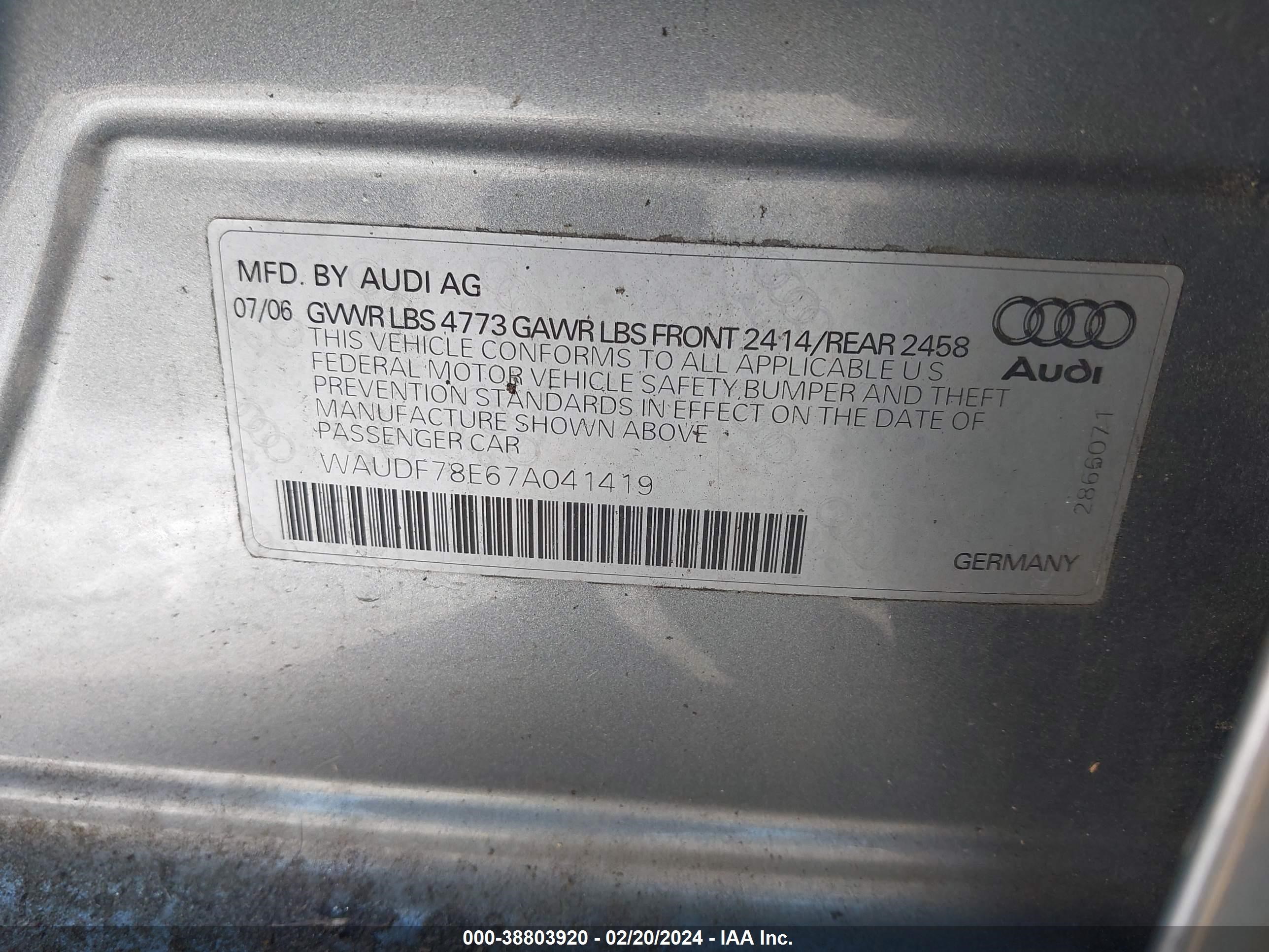 Photo 8 VIN: WAUDF78E67A041419 - AUDI A4 