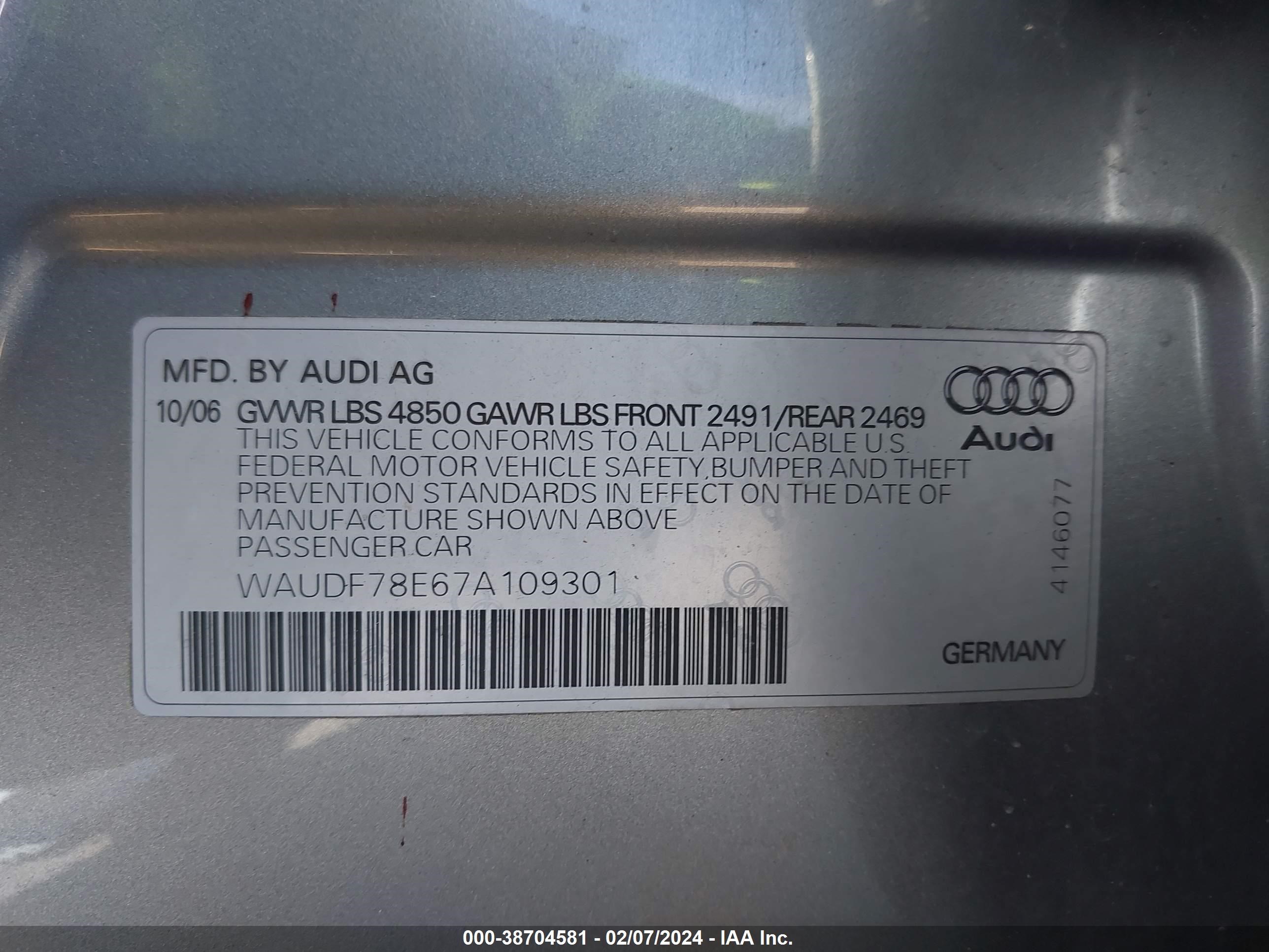 Photo 8 VIN: WAUDF78E67A109301 - AUDI A4 