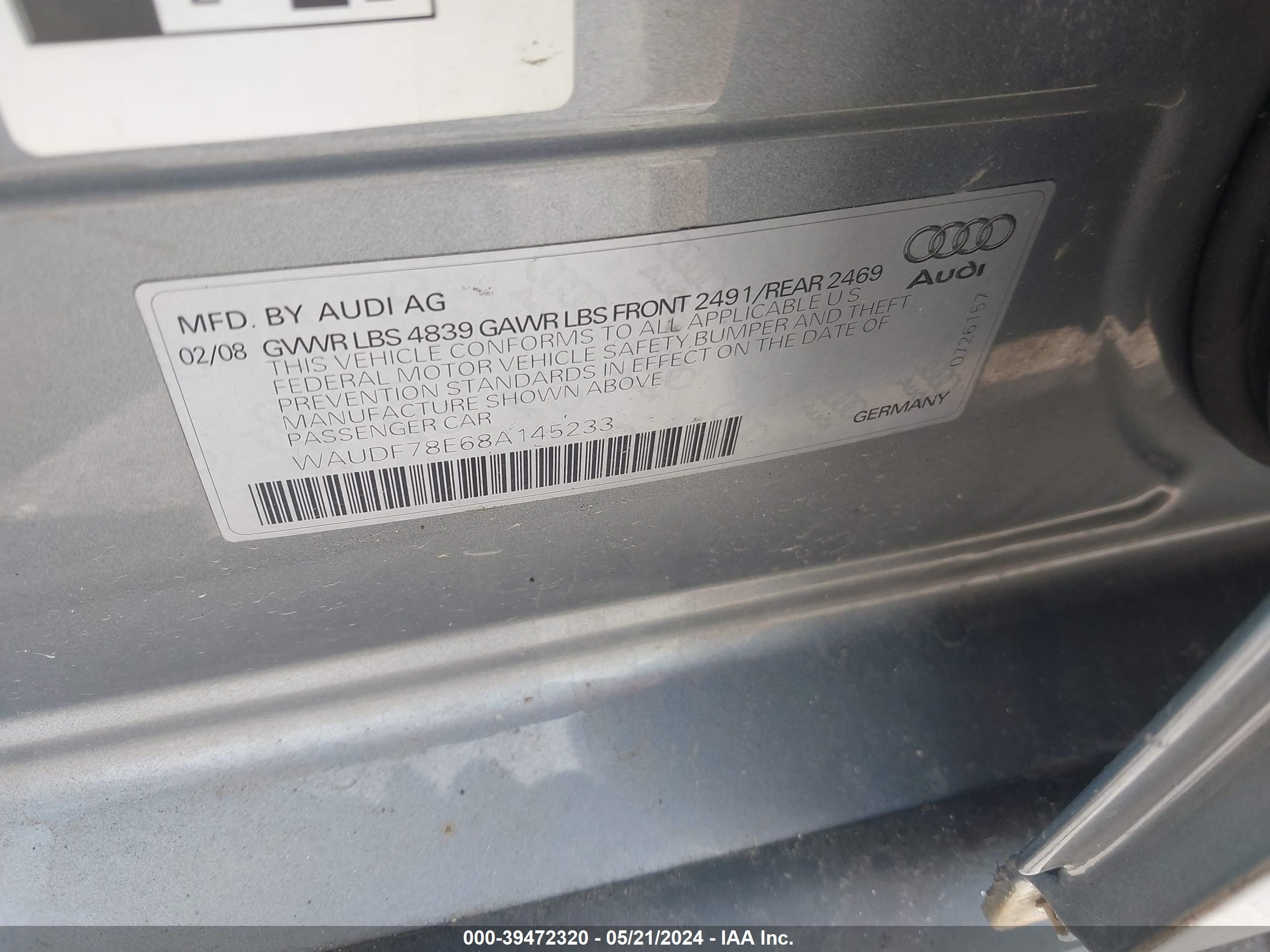 Photo 8 VIN: WAUDF78E68A145233 - AUDI A4 