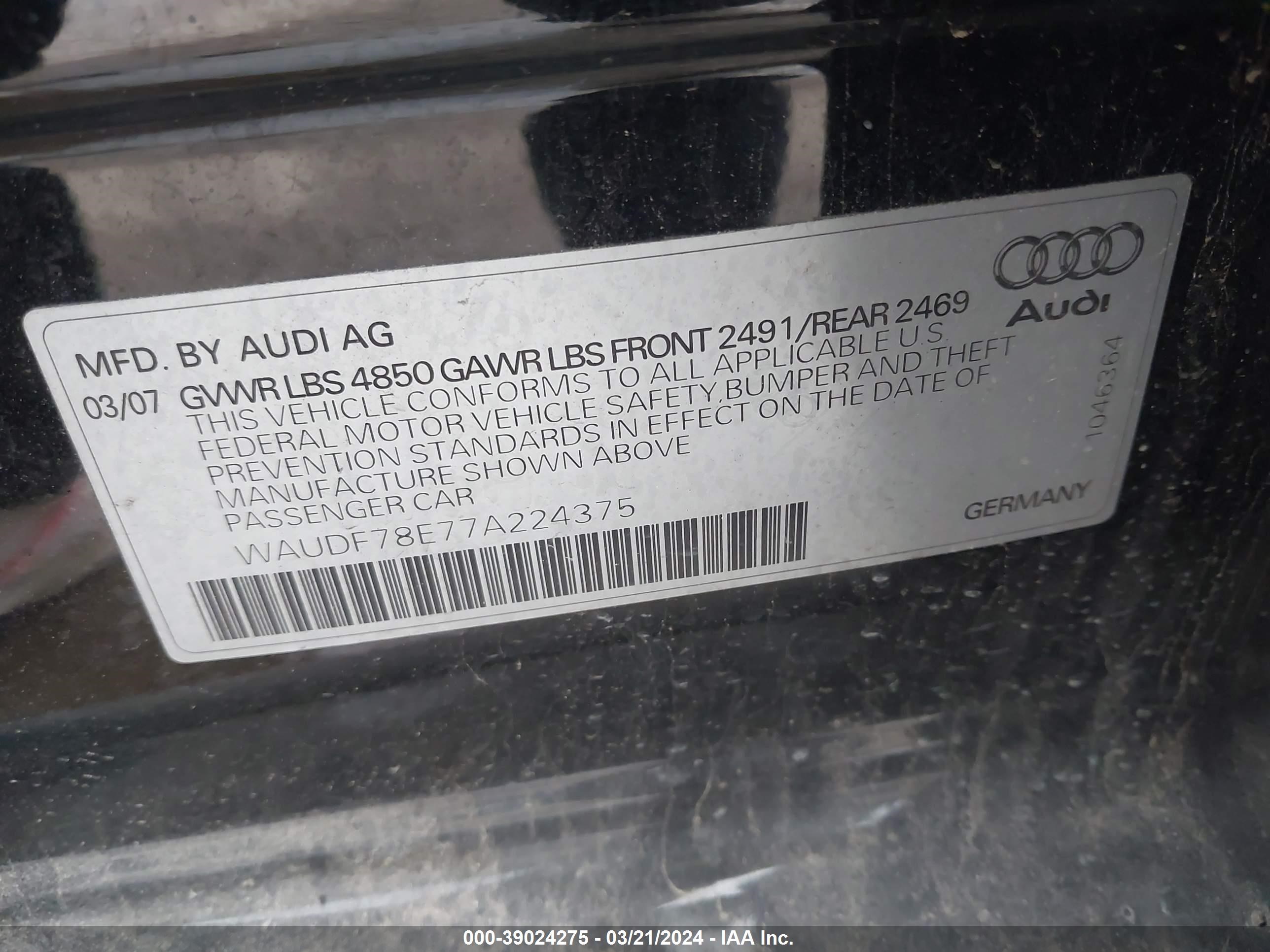 Photo 8 VIN: WAUDF78E77A224375 - AUDI A4 