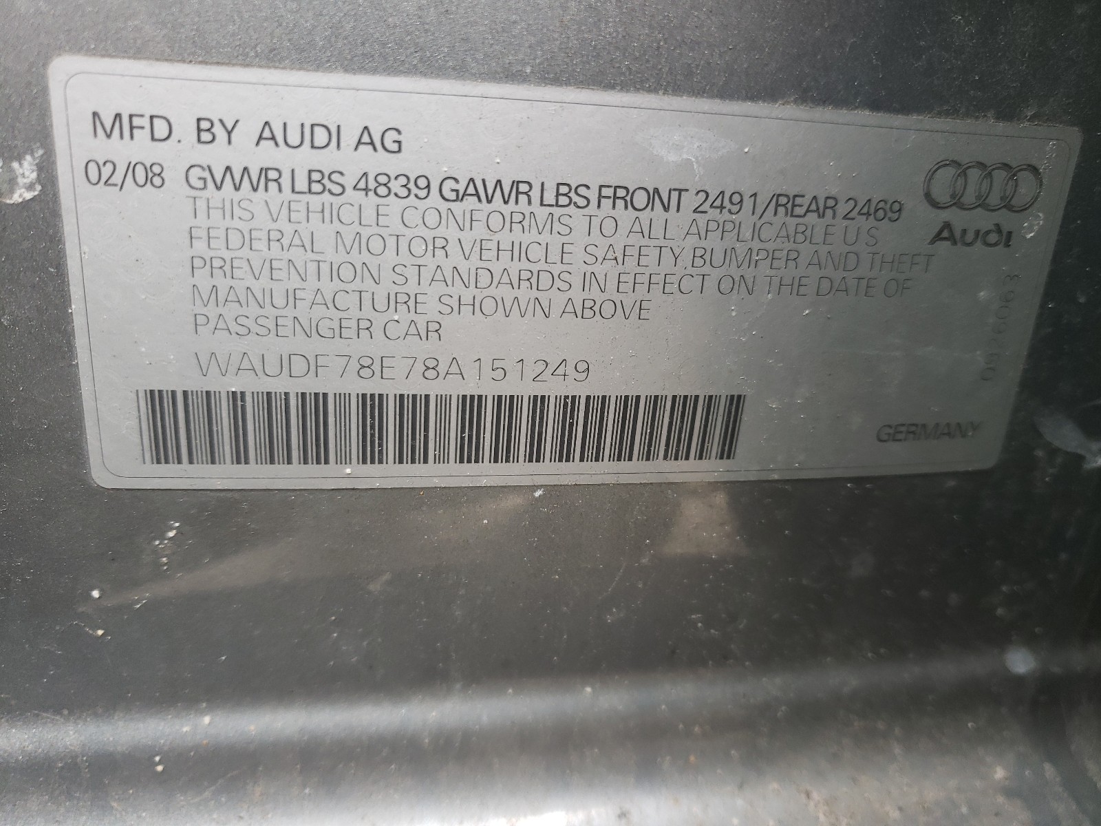 Photo 9 VIN: WAUDF78E78A151249 - AUDI A4 2.0T QU 