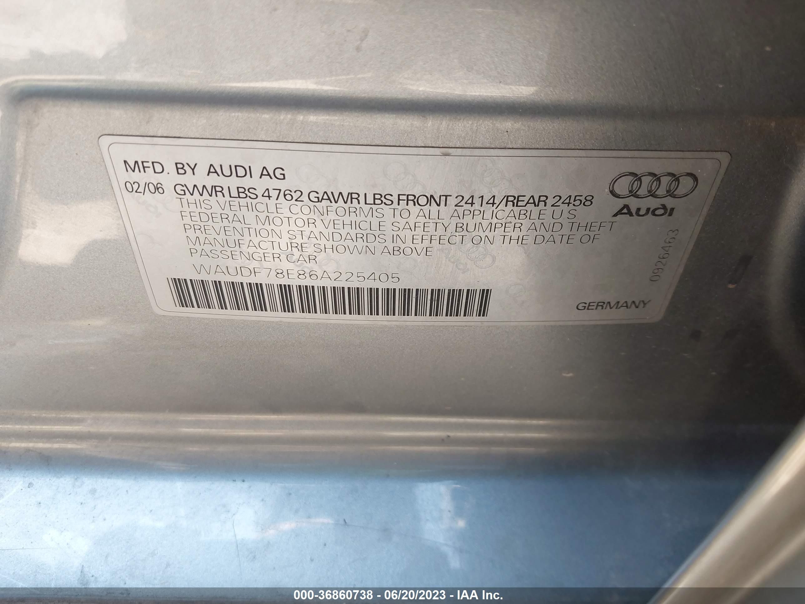 Photo 8 VIN: WAUDF78E86A225405 - AUDI A4 