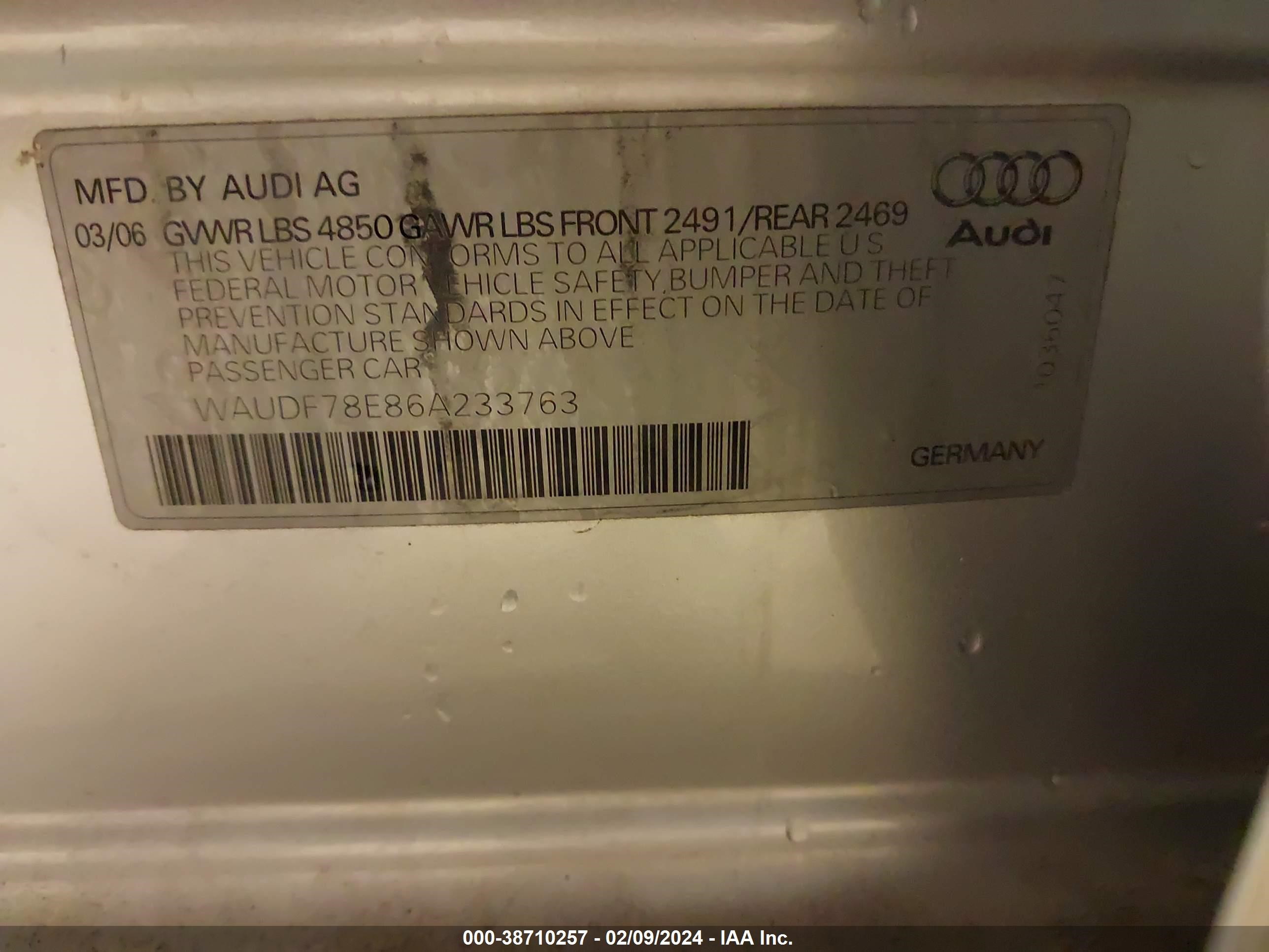 Photo 9 VIN: WAUDF78E86A233763 - AUDI A4 