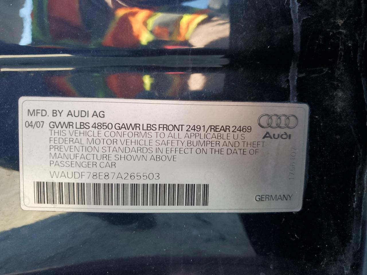 Photo 11 VIN: WAUDF78E87A265503 - AUDI A4 