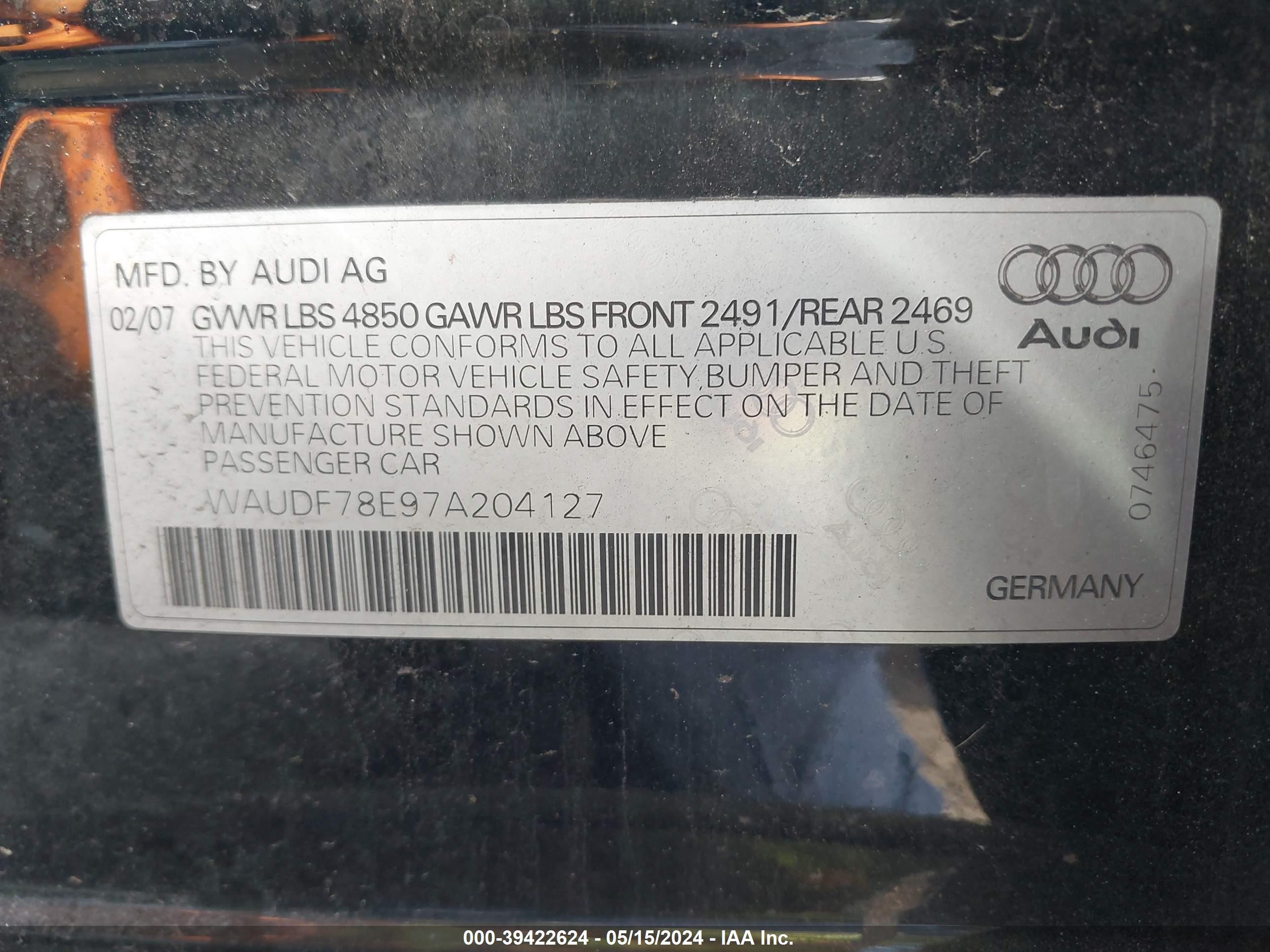 Photo 8 VIN: WAUDF78E97A204127 - AUDI A4 