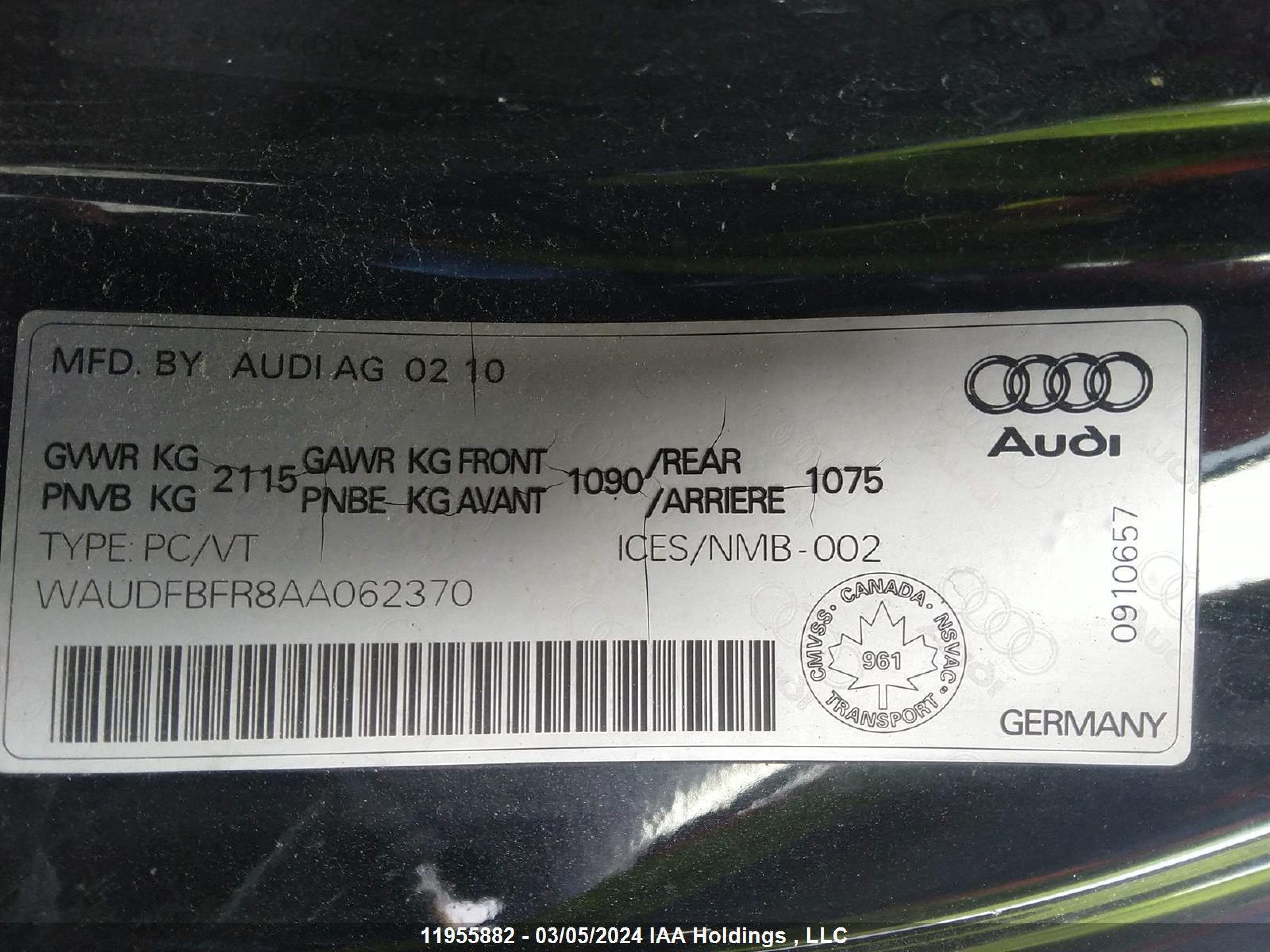 Photo 8 VIN: WAUDFBFR8AA062370 - AUDI A5 