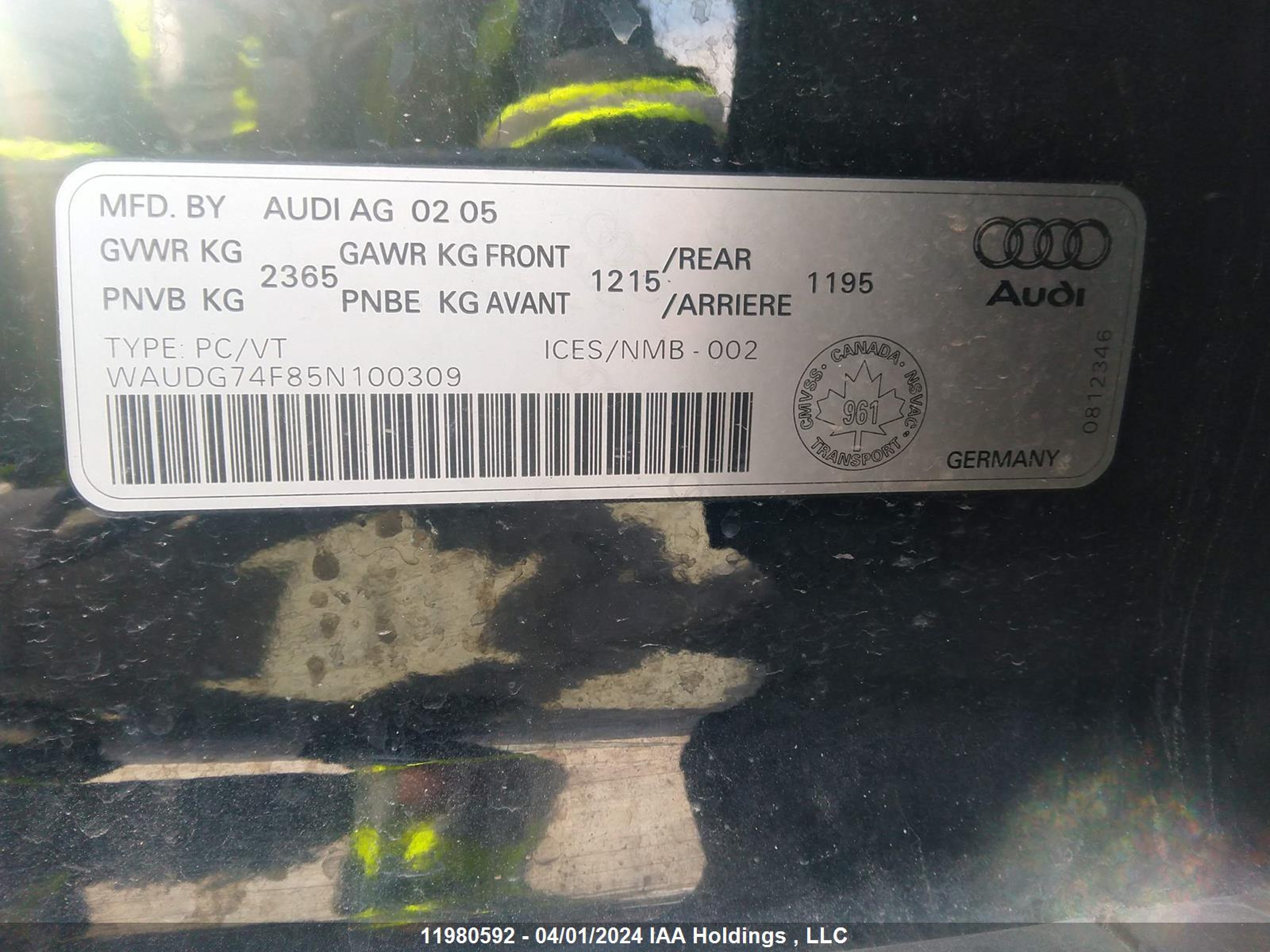 Photo 8 VIN: WAUDG74F85N100309 - AUDI A6 