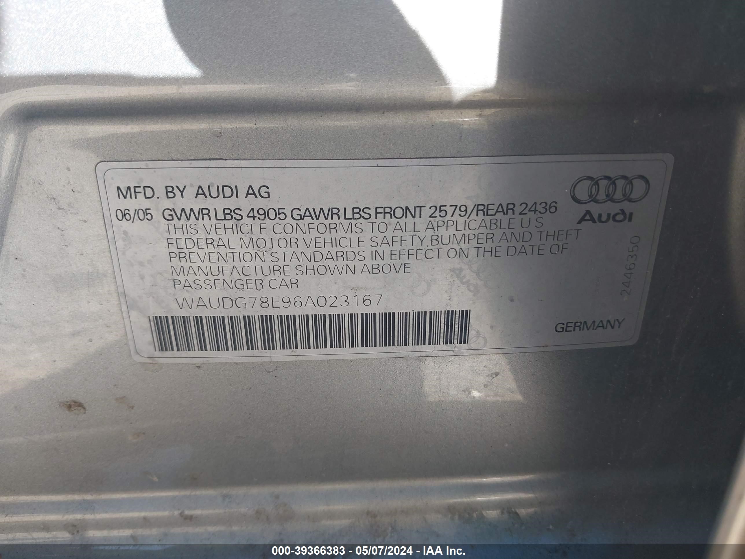 Photo 8 VIN: WAUDG78E96A023167 - AUDI A4 