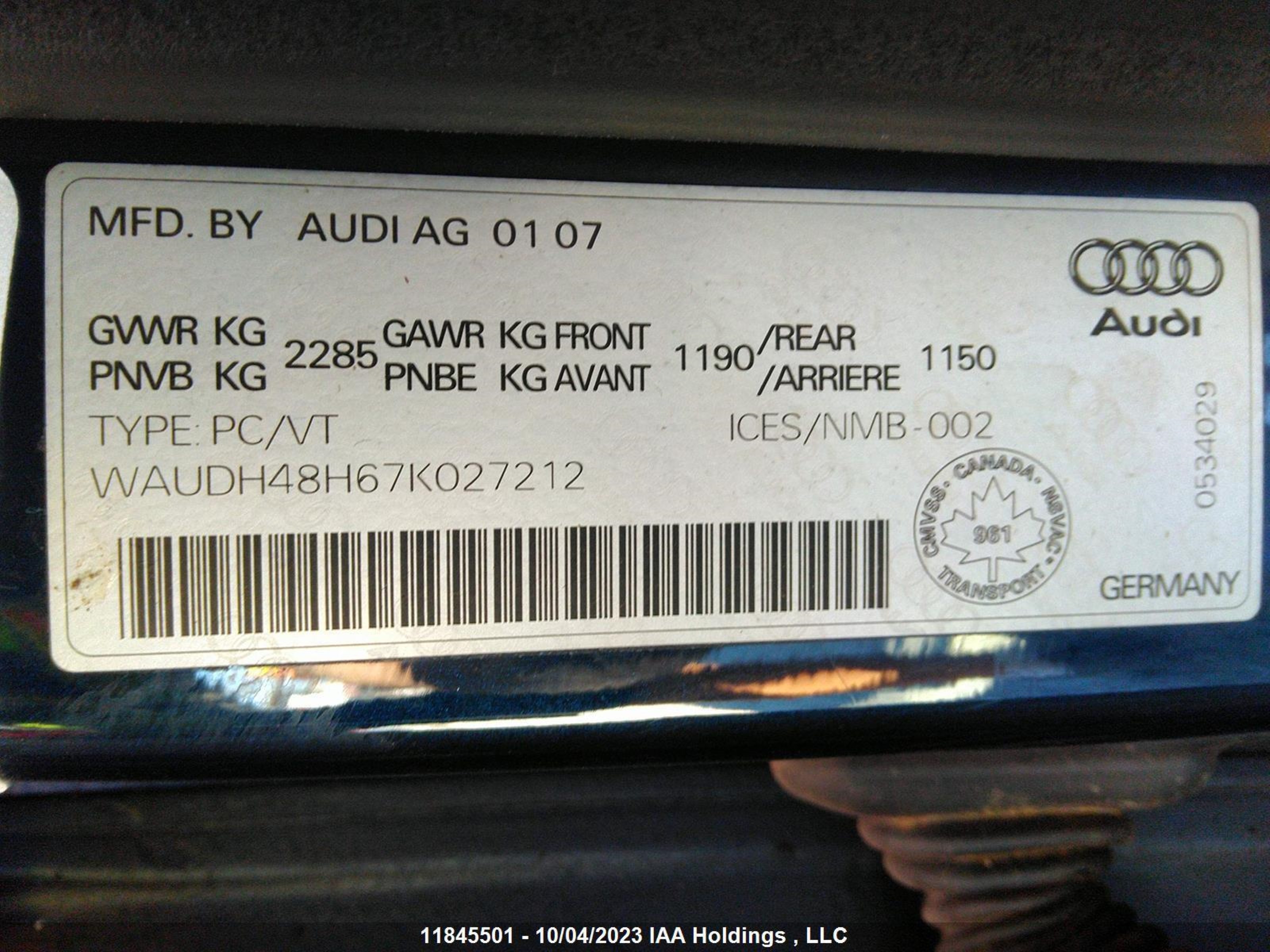 Photo 8 VIN: WAUDH48H67K027212 - AUDI A4 