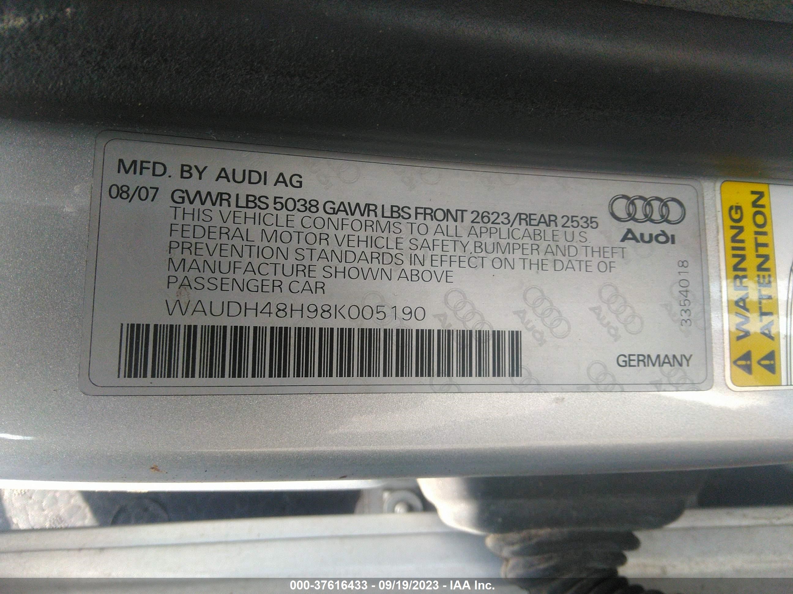 Photo 8 VIN: WAUDH48H98K005190 - AUDI A4 