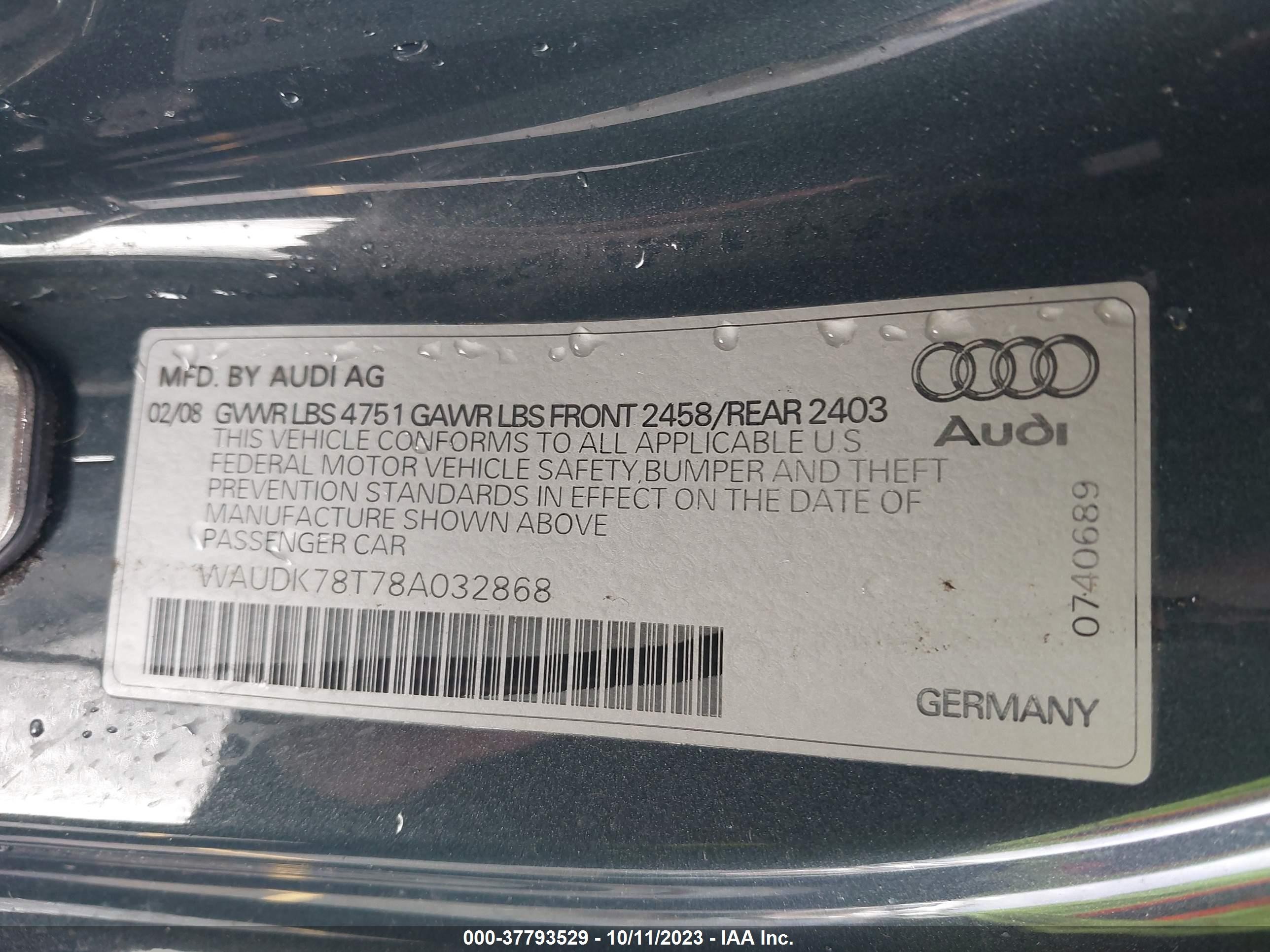 Photo 8 VIN: WAUDK78T78A032868 - AUDI A5 