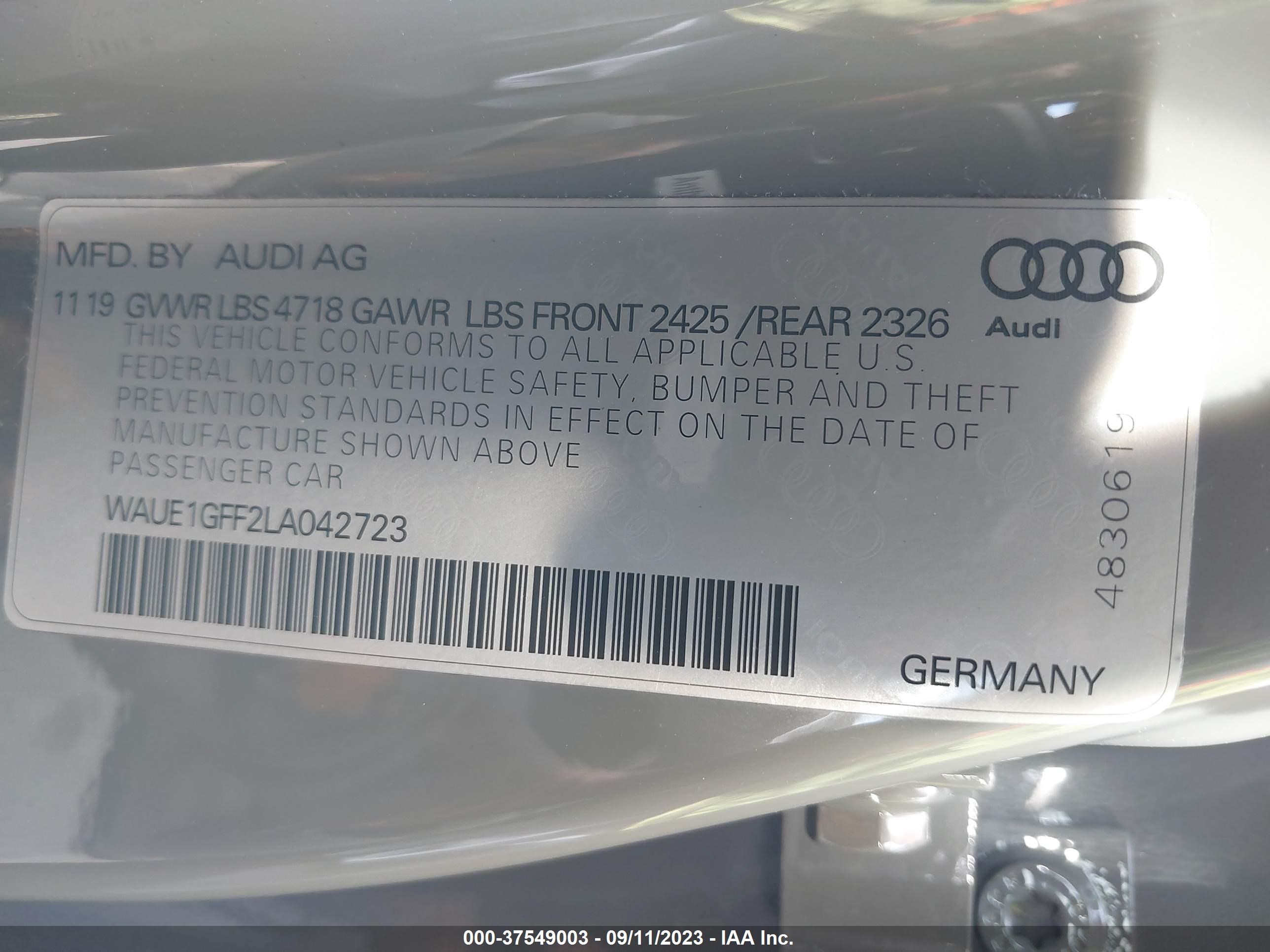 Photo 8 VIN: WAUE1GFF2LA042723 - AUDI S3 