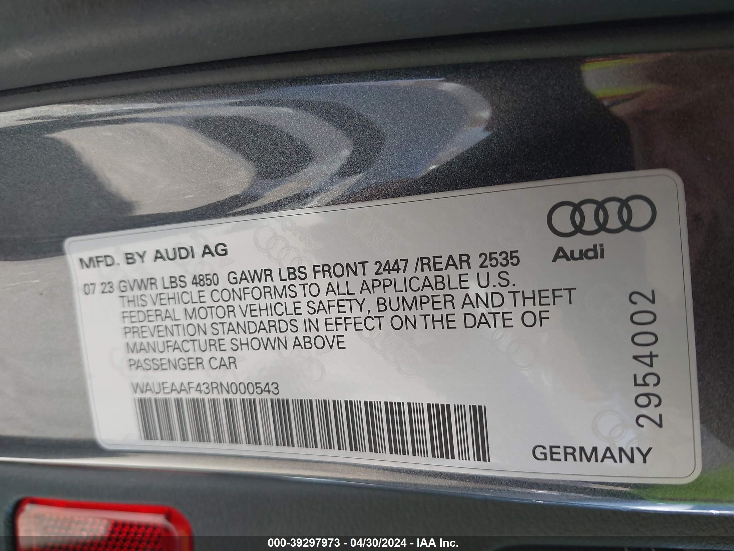 Photo 8 VIN: WAUEAAF43RN000543 - AUDI A4 