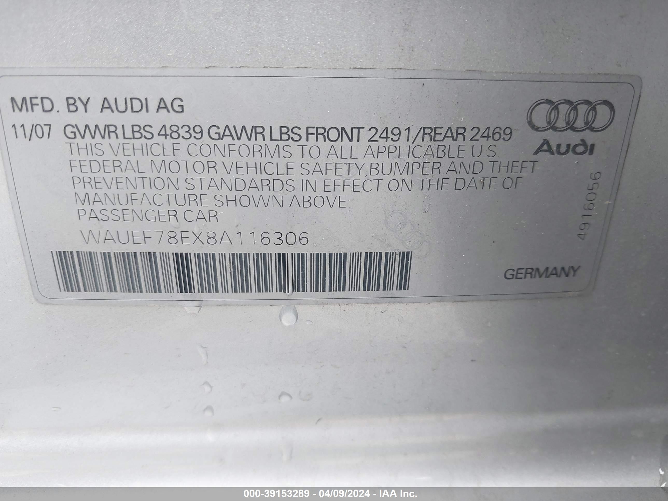 Photo 8 VIN: WAUEF78EX8A116306 - AUDI A4 