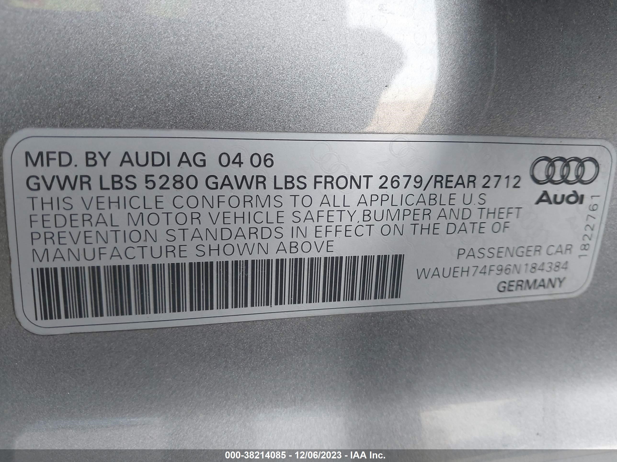 Photo 8 VIN: WAUEH74F96N184384 - AUDI A6 