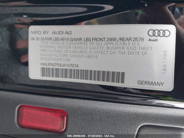 Photo 8 VIN: WAUENCF58JA107074 - AUDI A5 