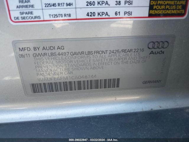 Photo 8 VIN: WAUFEAFM1CA048744 - AUDI A3 