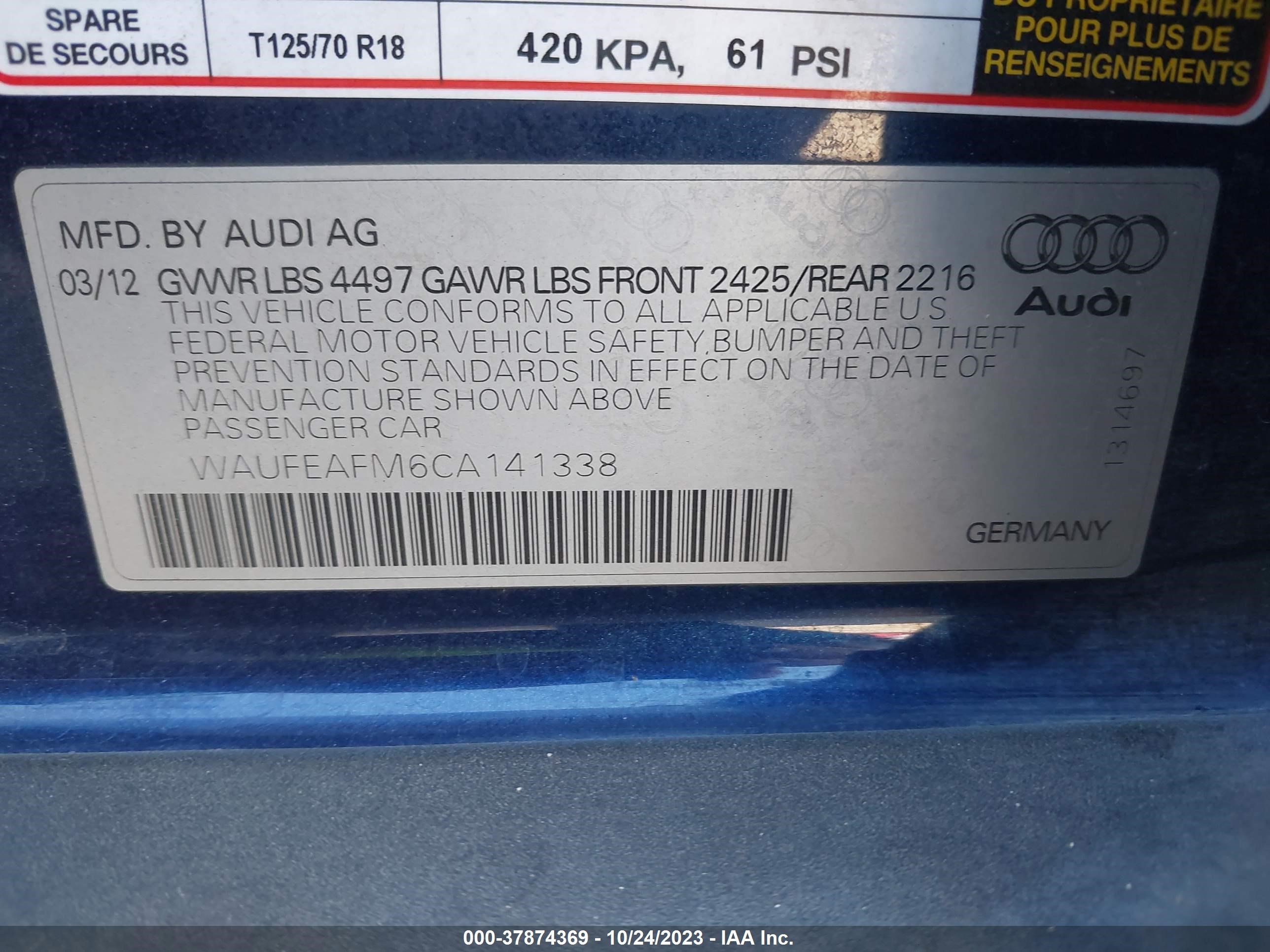 Photo 8 VIN: WAUFEAFM6CA141338 - AUDI A3 