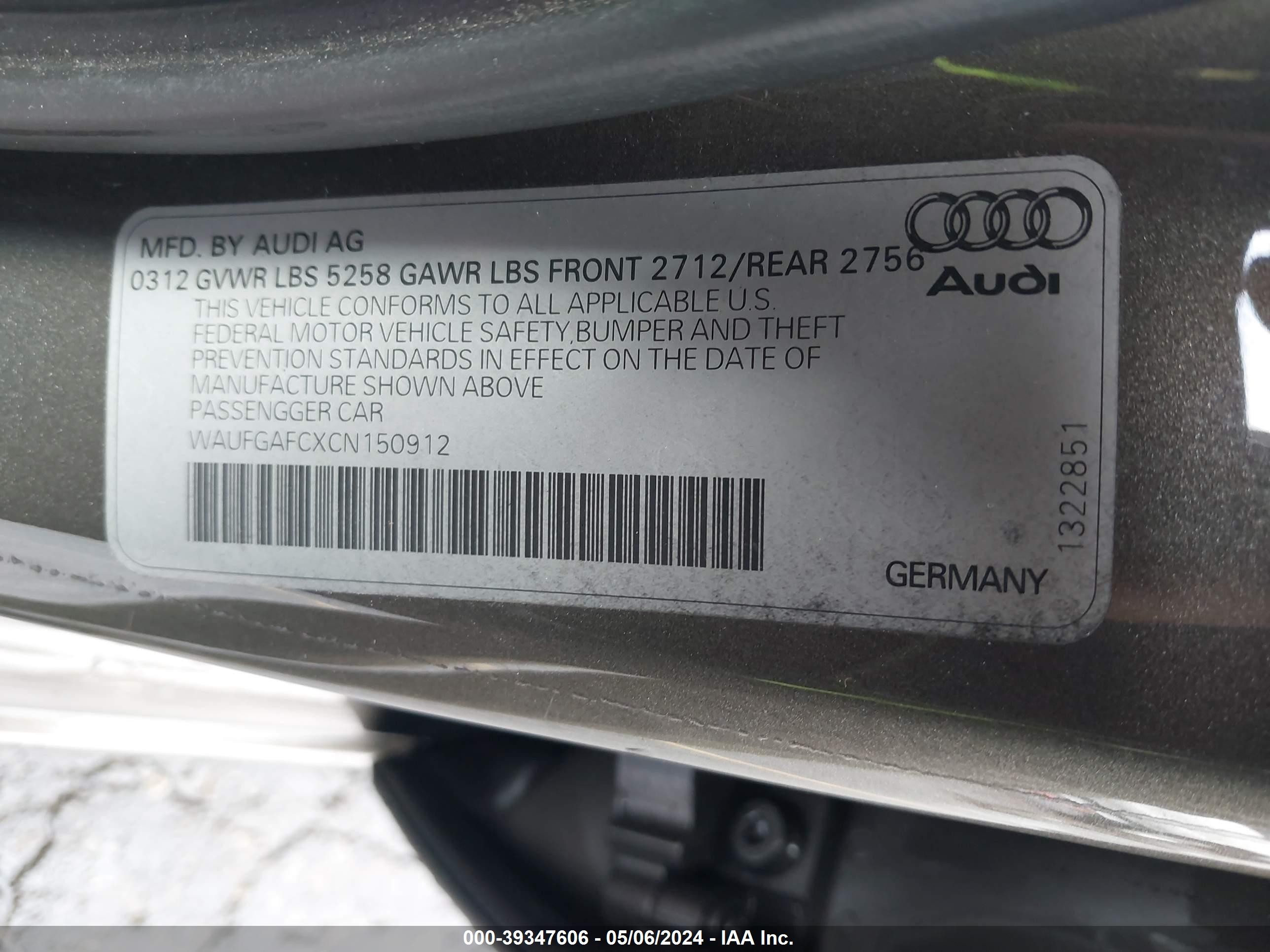 Photo 8 VIN: WAUFGAFCXCN150912 - AUDI A6 