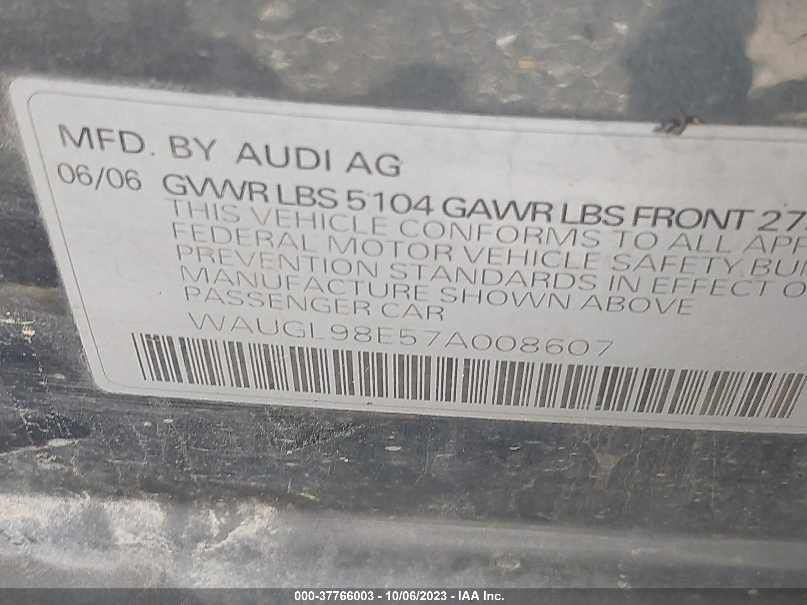 Photo 8 VIN: WAUGL98E57A008607 - AUDI S4 