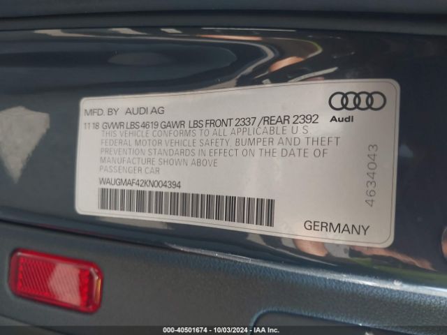 Photo 8 VIN: WAUGMAF42KN004394 - AUDI A4 