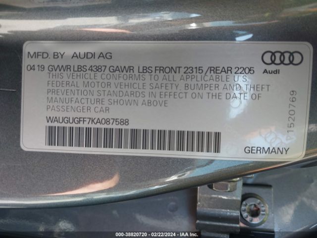 Photo 8 VIN: WAUGUGFF7KA087588 - AUDI A3 