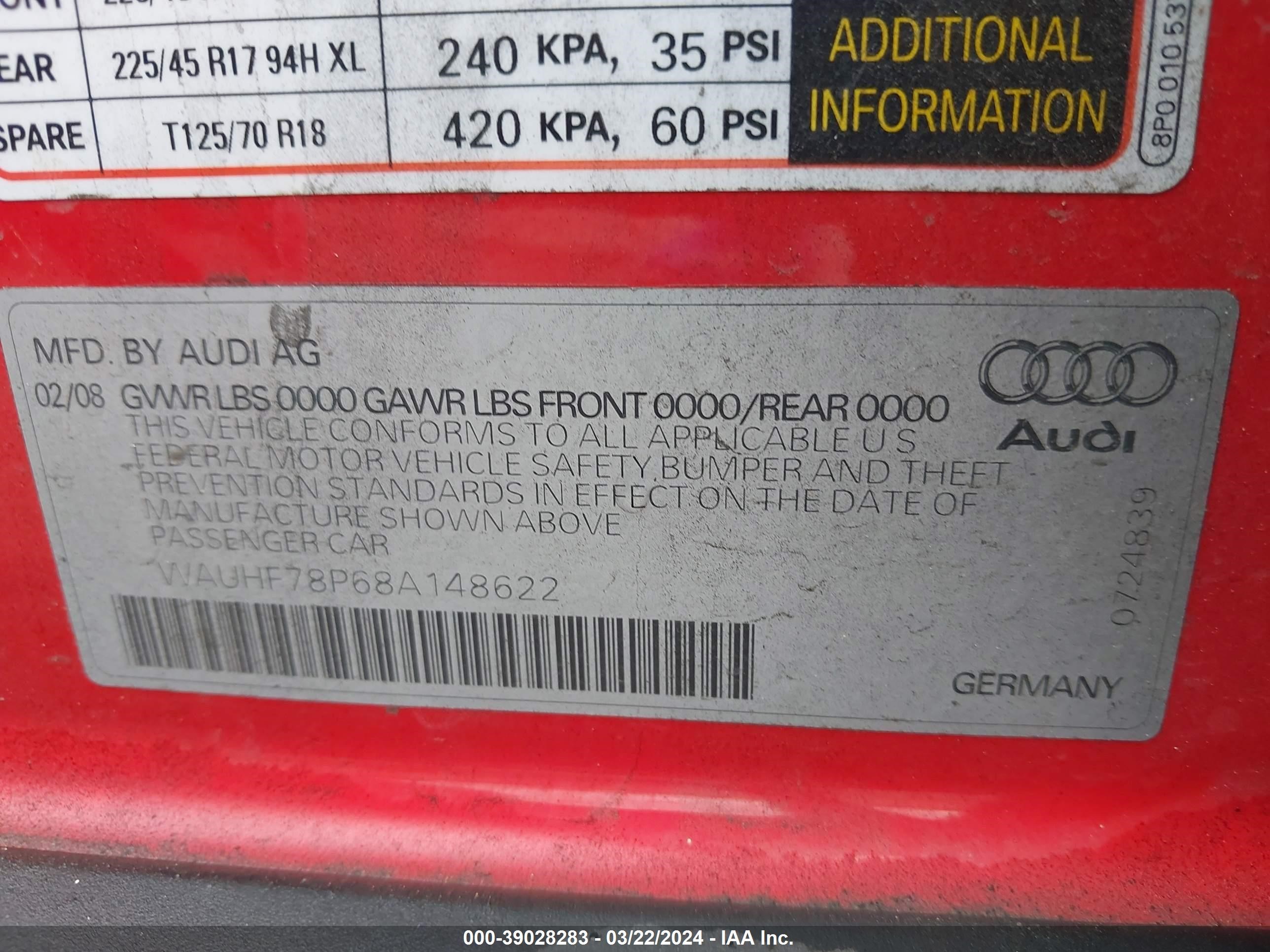 Photo 8 VIN: WAUHF78P68A148622 - AUDI A3 