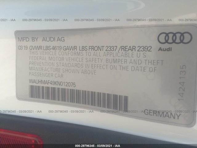 Photo 8 VIN: WAUHMAF49KN012075 - AUDI A4 