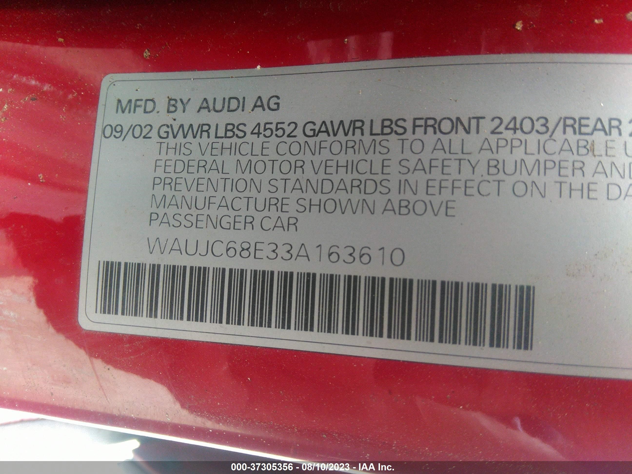 Photo 8 VIN: WAUJC68E33A163610 - AUDI A4 