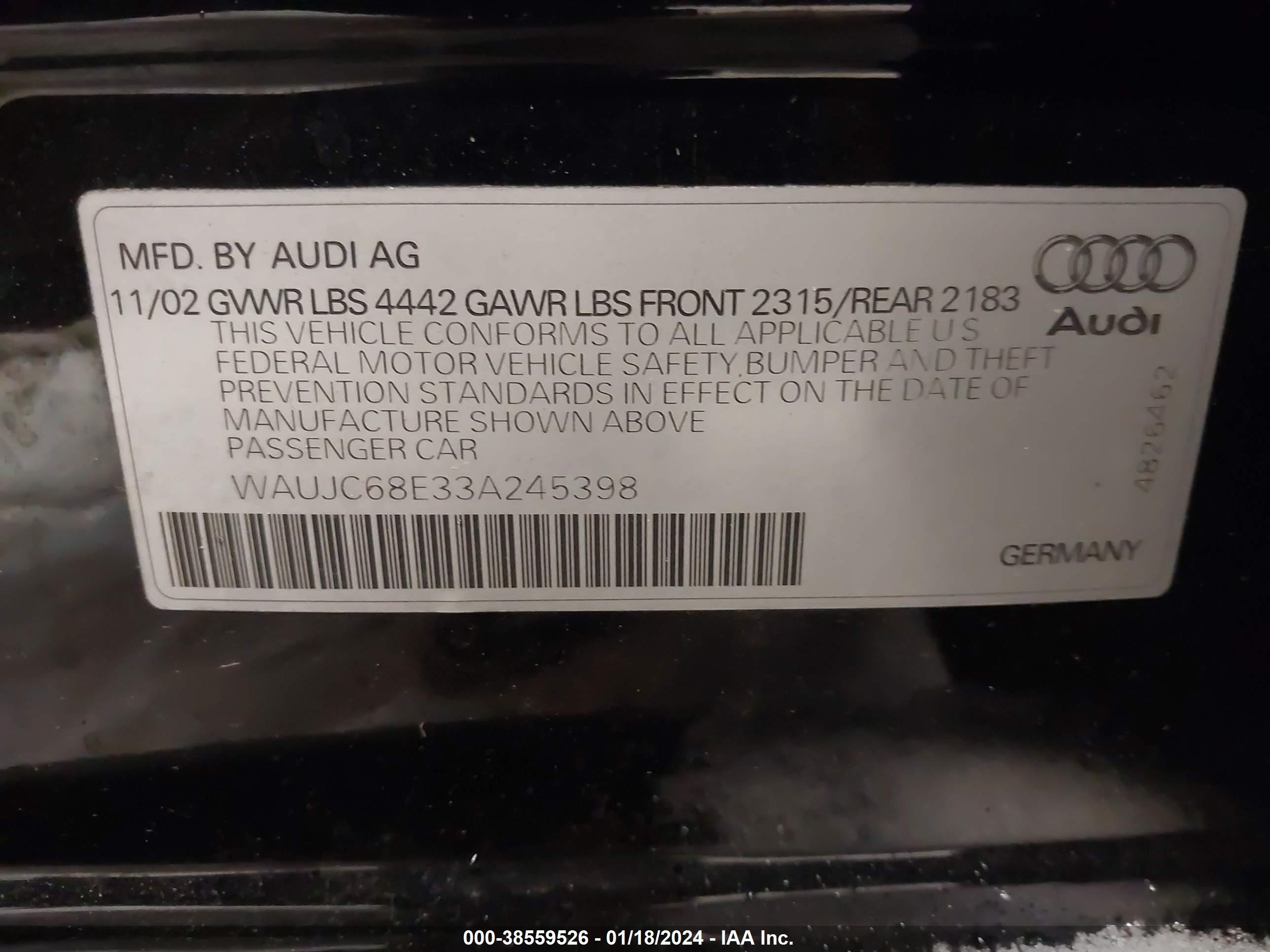 Photo 8 VIN: WAUJC68E33A245398 - AUDI A4 