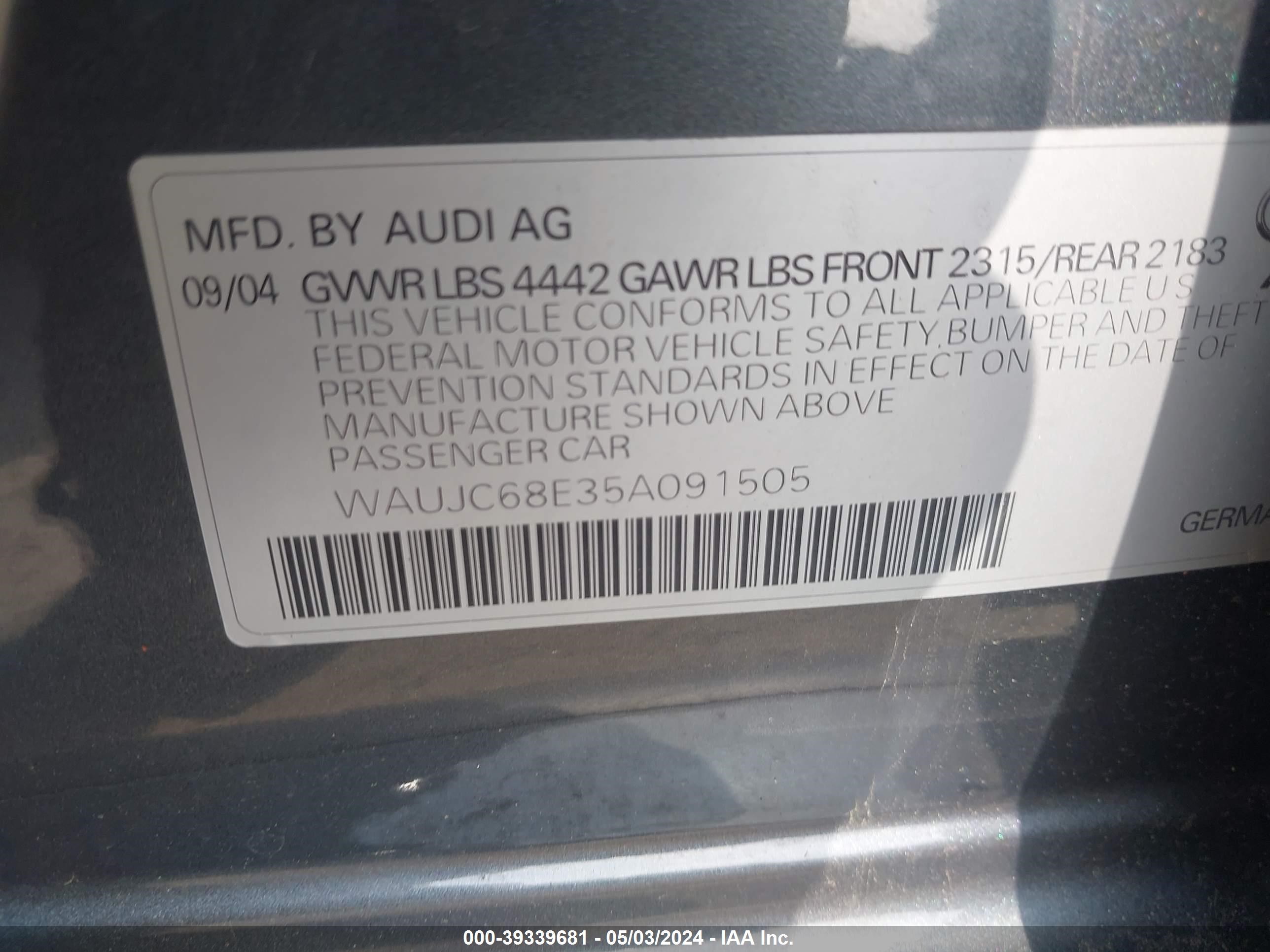 Photo 8 VIN: WAUJC68E35A091505 - AUDI A4 