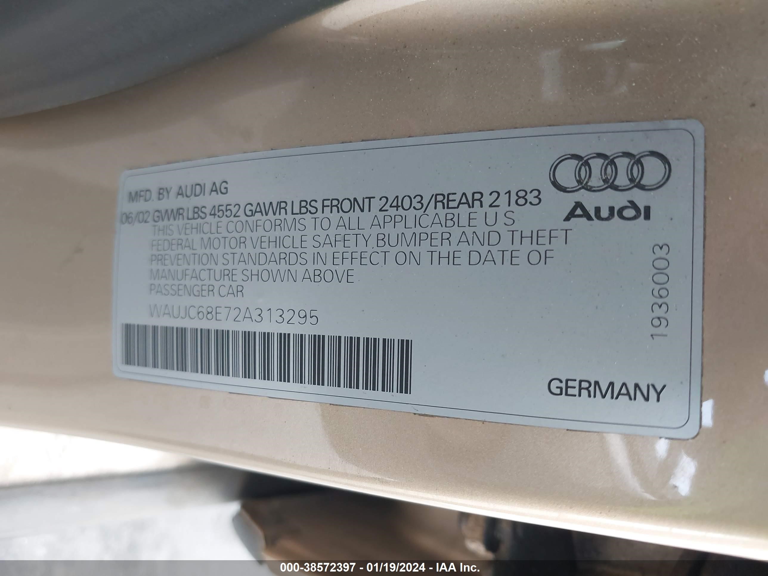 Photo 8 VIN: WAUJC68E72A313295 - AUDI A4 