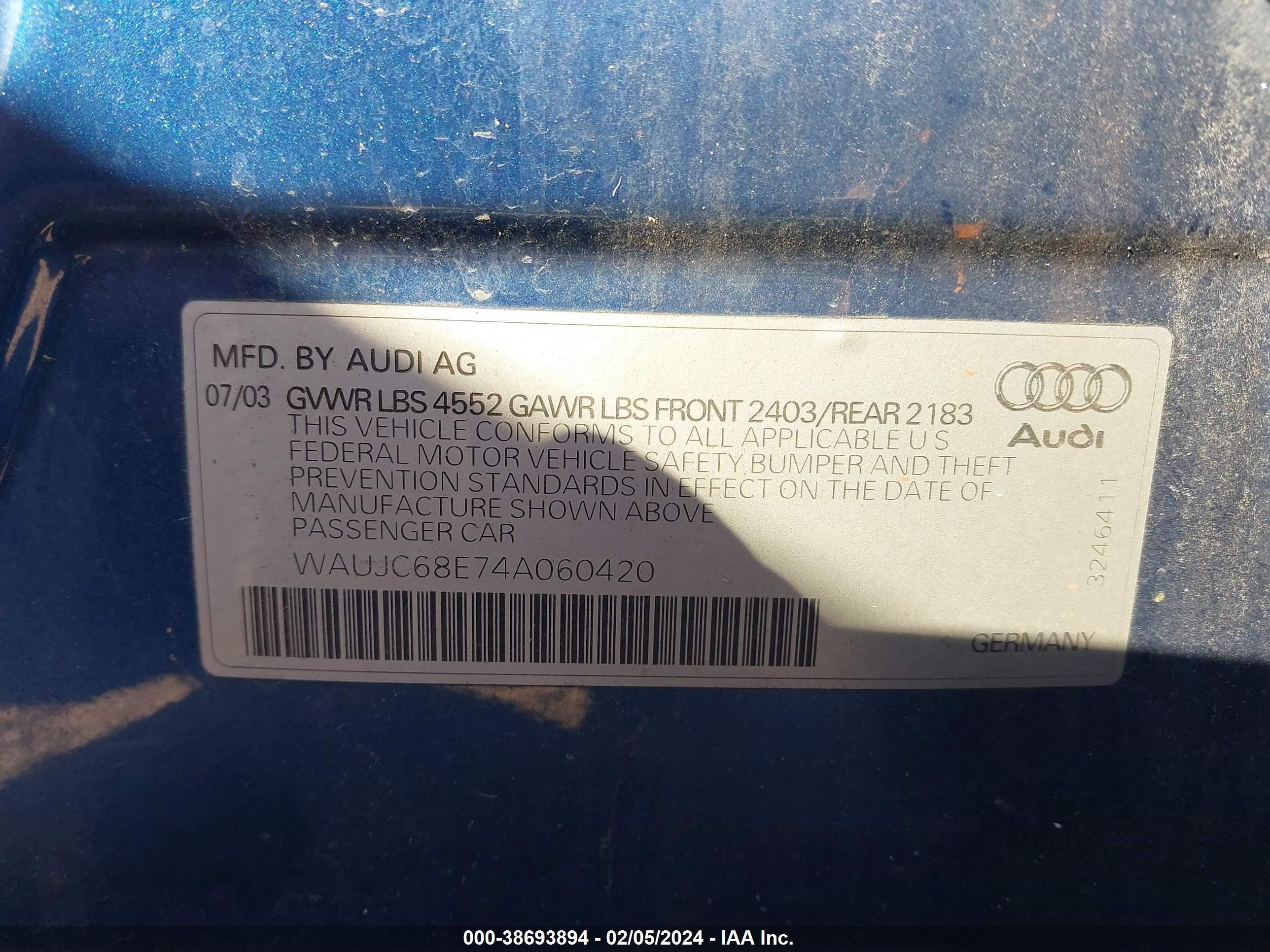 Photo 8 VIN: WAUJC68E74A060420 - AUDI A4 