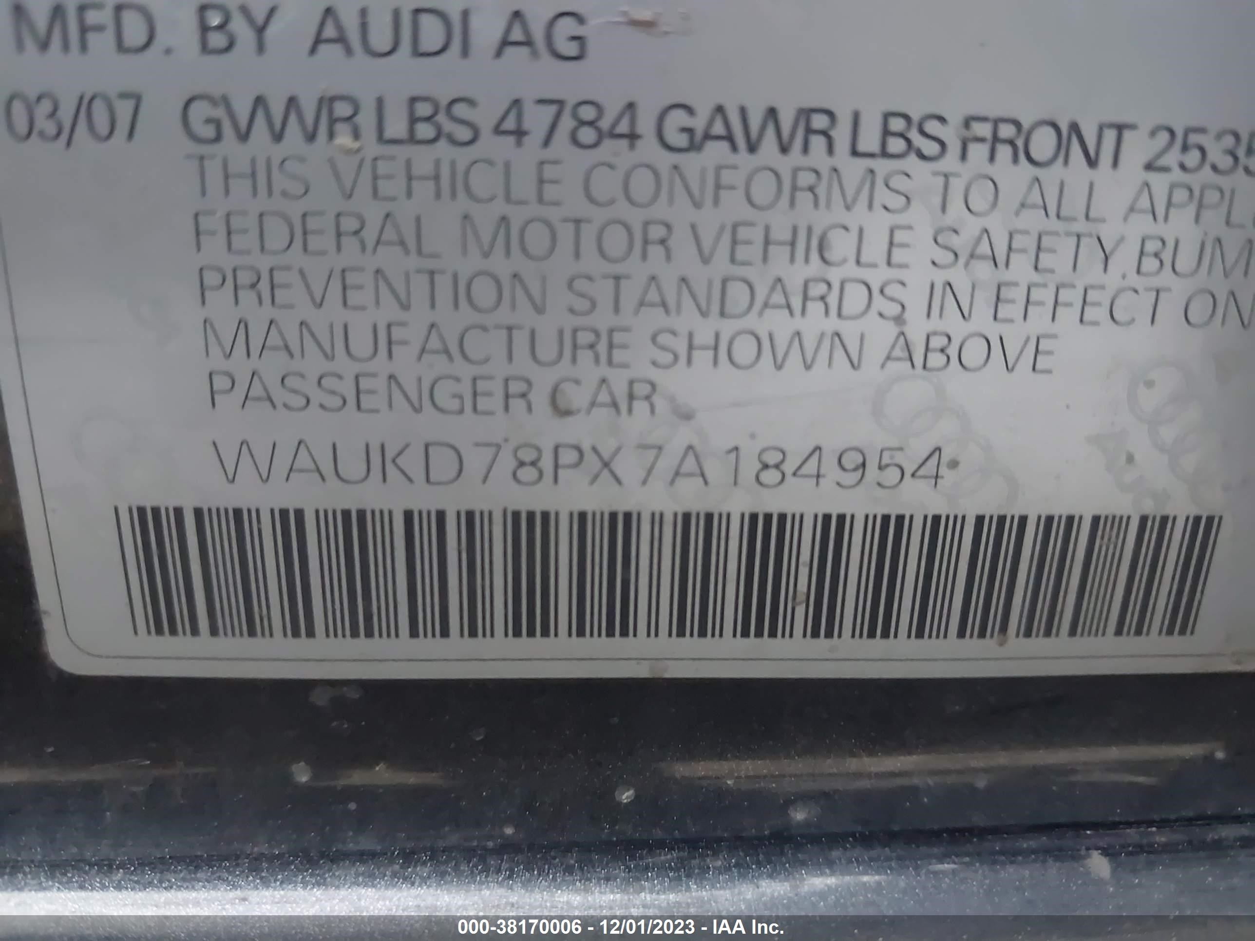 Photo 8 VIN: WAUKD78PX7A184954 - AUDI A3 