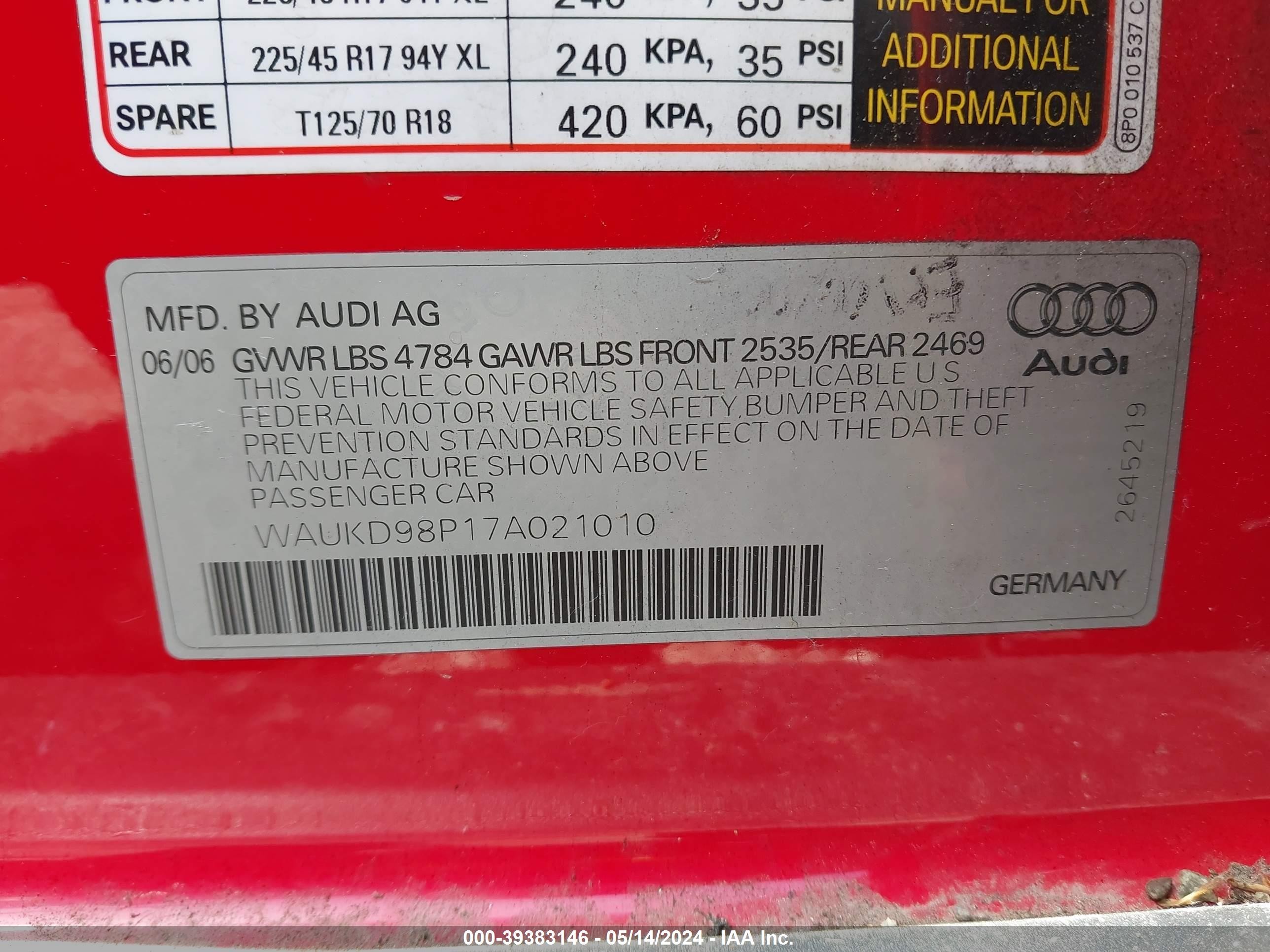 Photo 8 VIN: WAUKD98P17A021010 - AUDI A3 