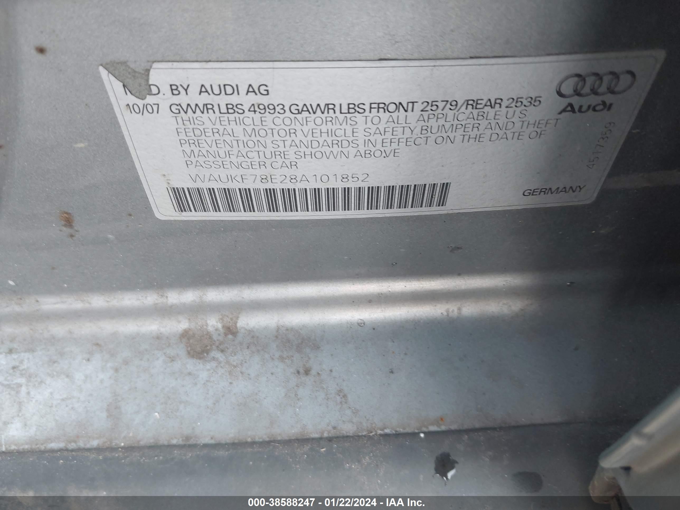 Photo 8 VIN: WAUKF78E28A101852 - AUDI A4 