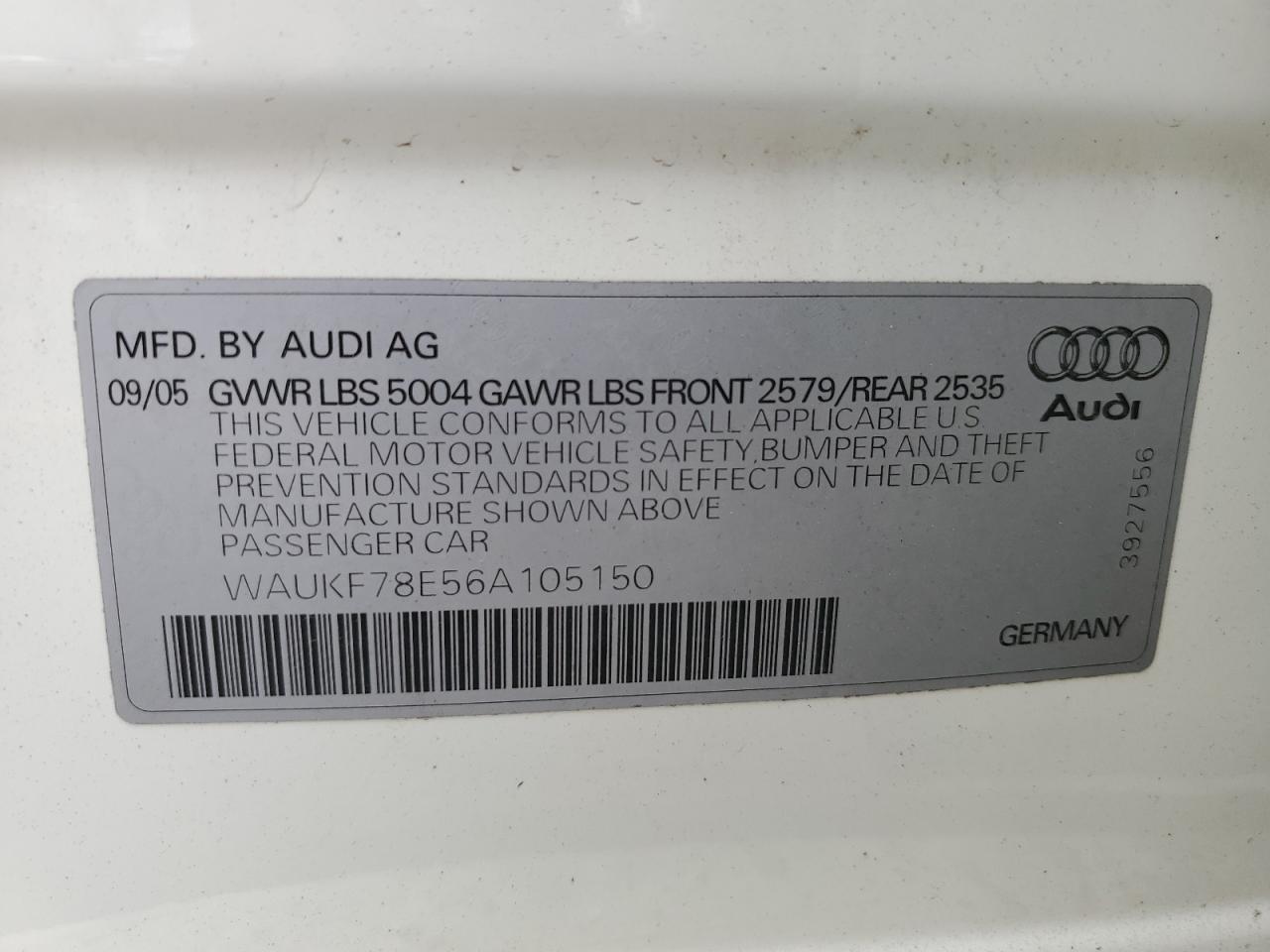 Photo 11 VIN: WAUKF78E56A105150 - AUDI A4 