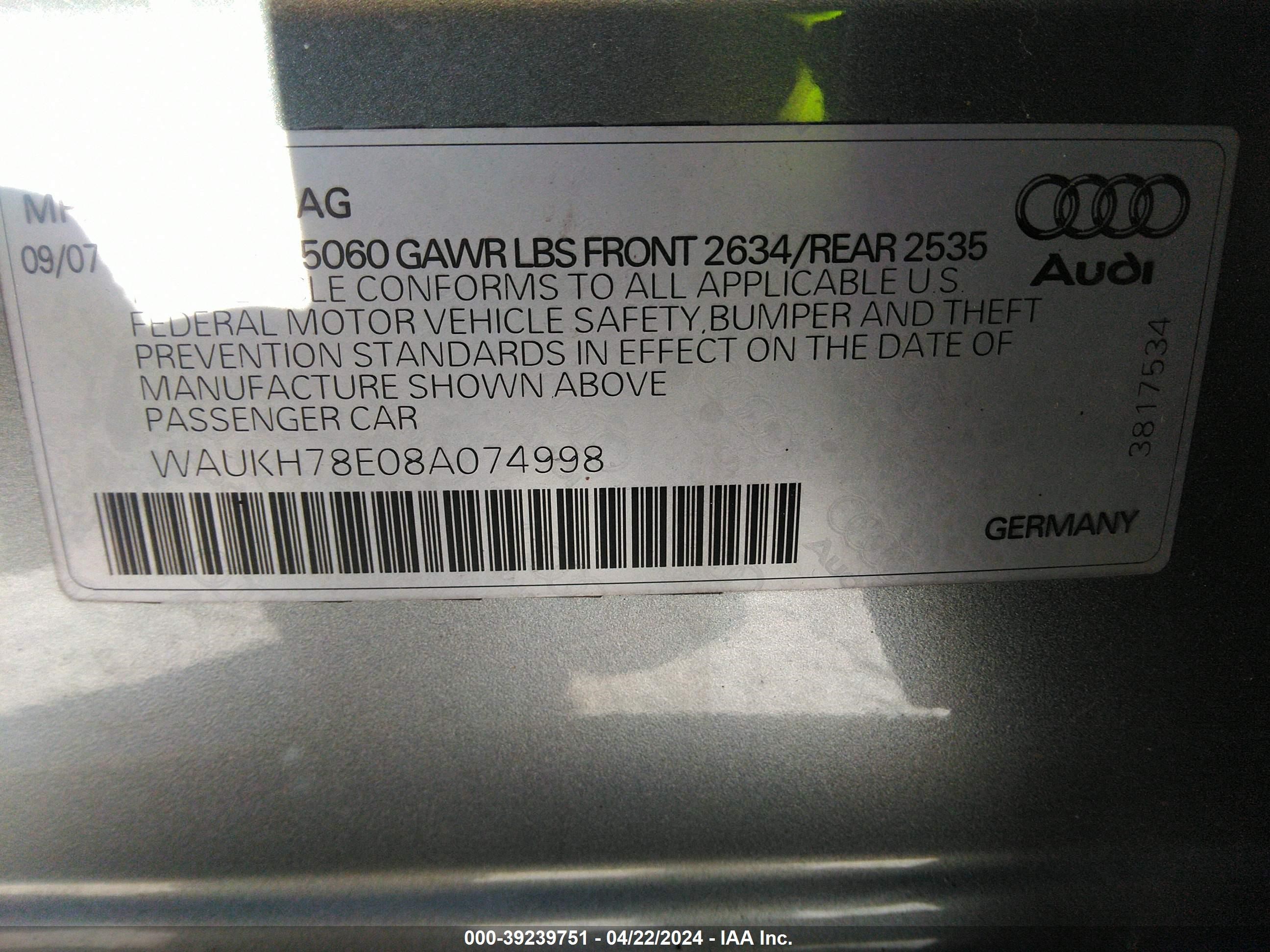 Photo 8 VIN: WAUKH78E08A074998 - AUDI A4 