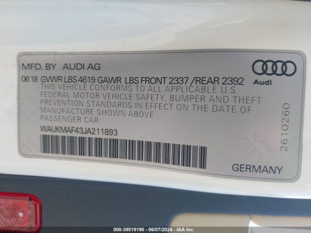 Photo 8 VIN: WAUKMAF43JA211893 - AUDI A4 