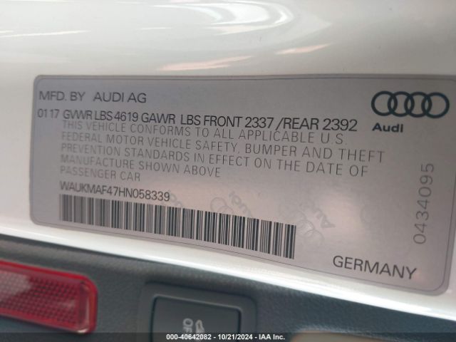 Photo 8 VIN: WAUKMAF47HN058339 - AUDI A4 