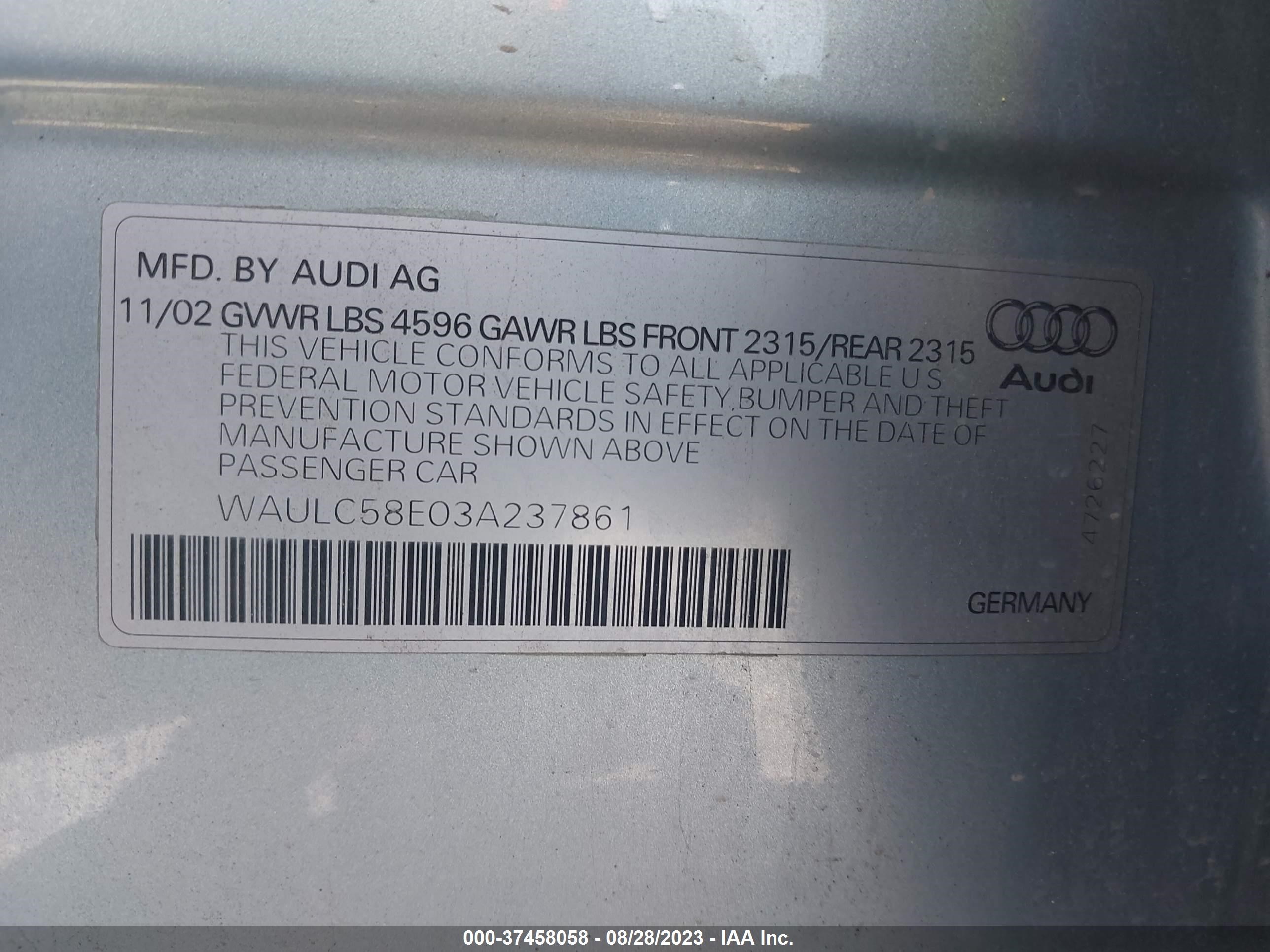 Photo 8 VIN: WAULC58E03A237861 - AUDI A4 