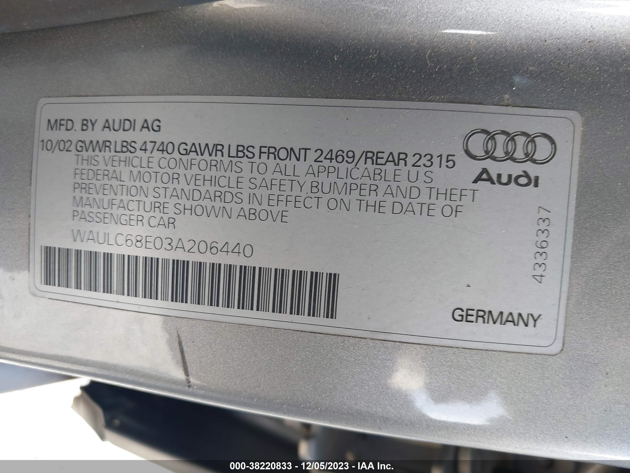 Photo 8 VIN: WAULC68E03A206440 - AUDI A4 