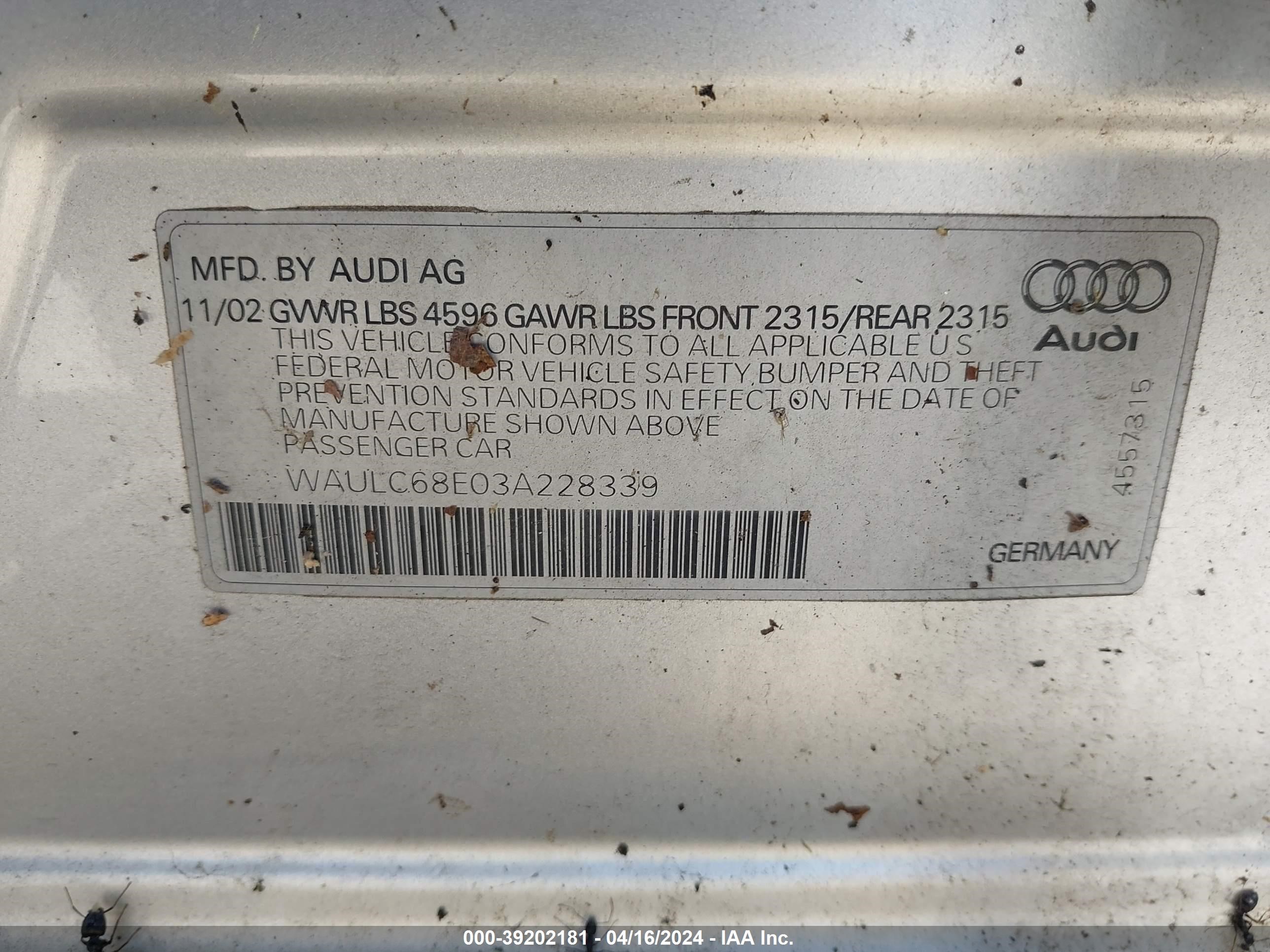 Photo 8 VIN: WAULC68E03A228339 - AUDI A4 