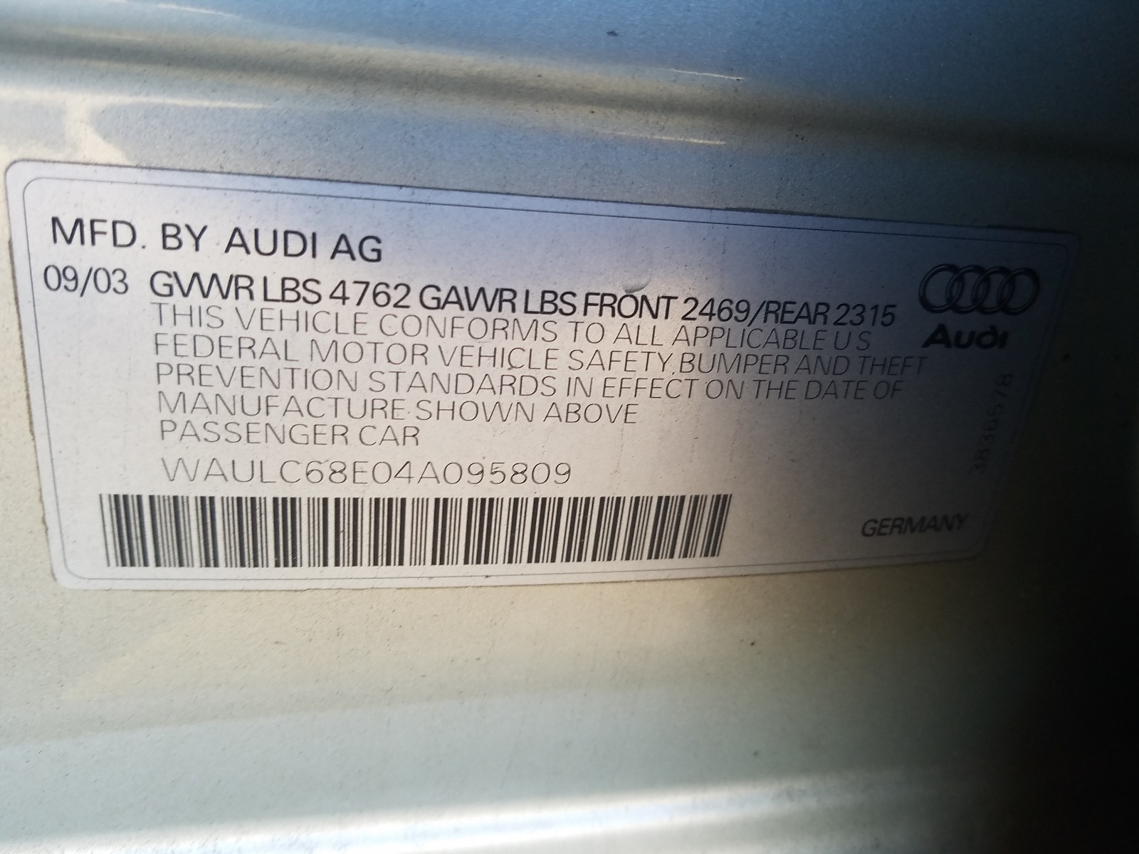 Photo 9 VIN: WAULC68E04A095809 - AUDI A4 1.8T QU 