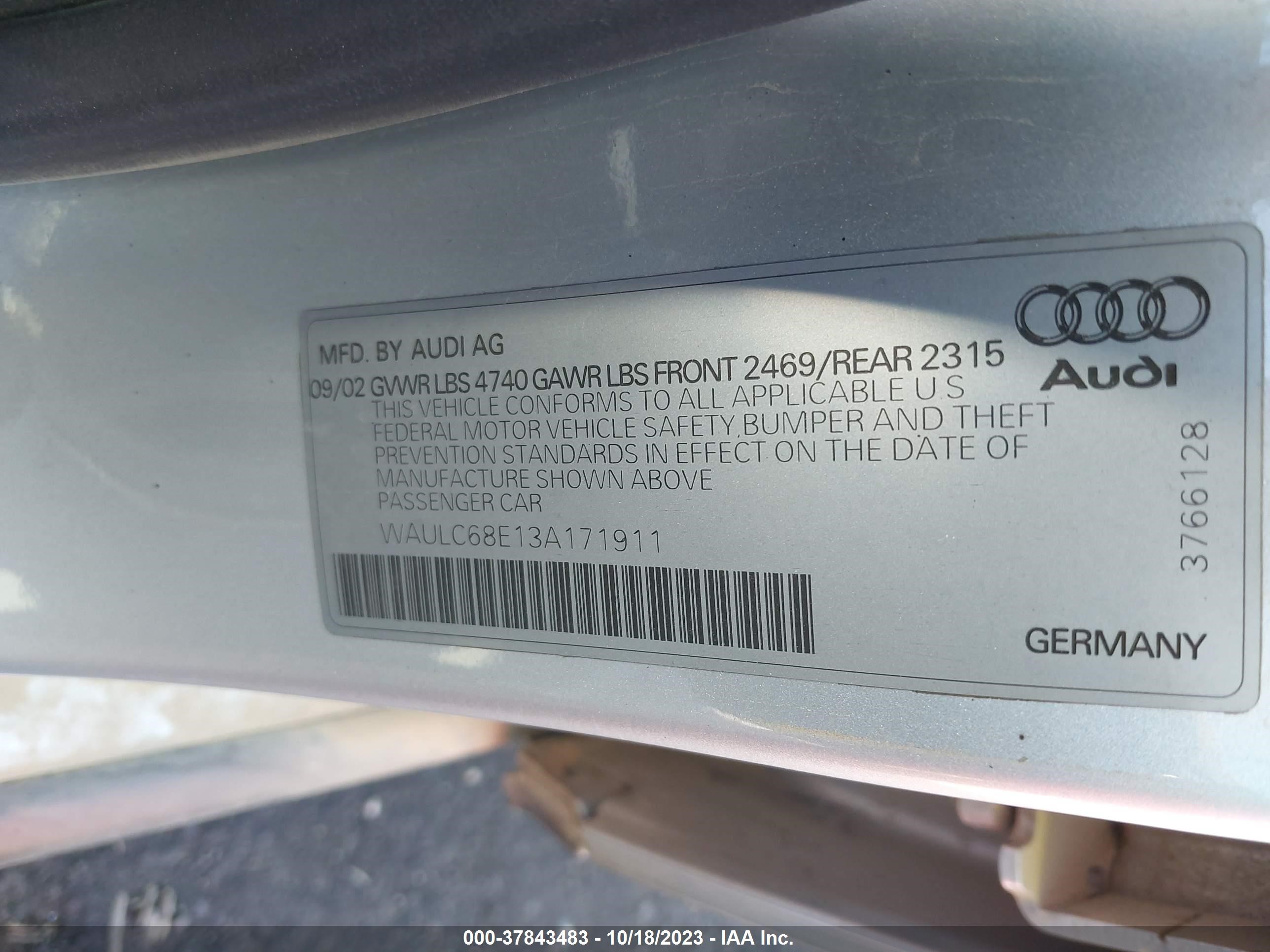 Photo 8 VIN: WAULC68E13A171911 - AUDI A4 