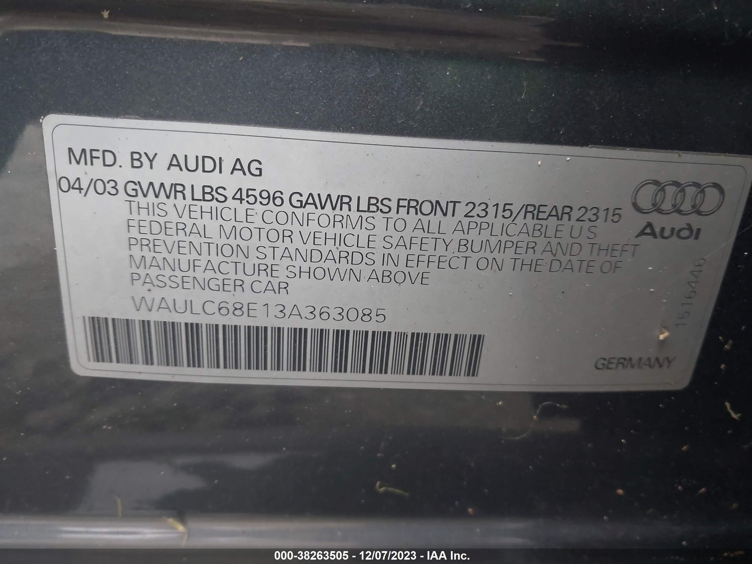 Photo 8 VIN: WAULC68E13A363085 - AUDI A4 