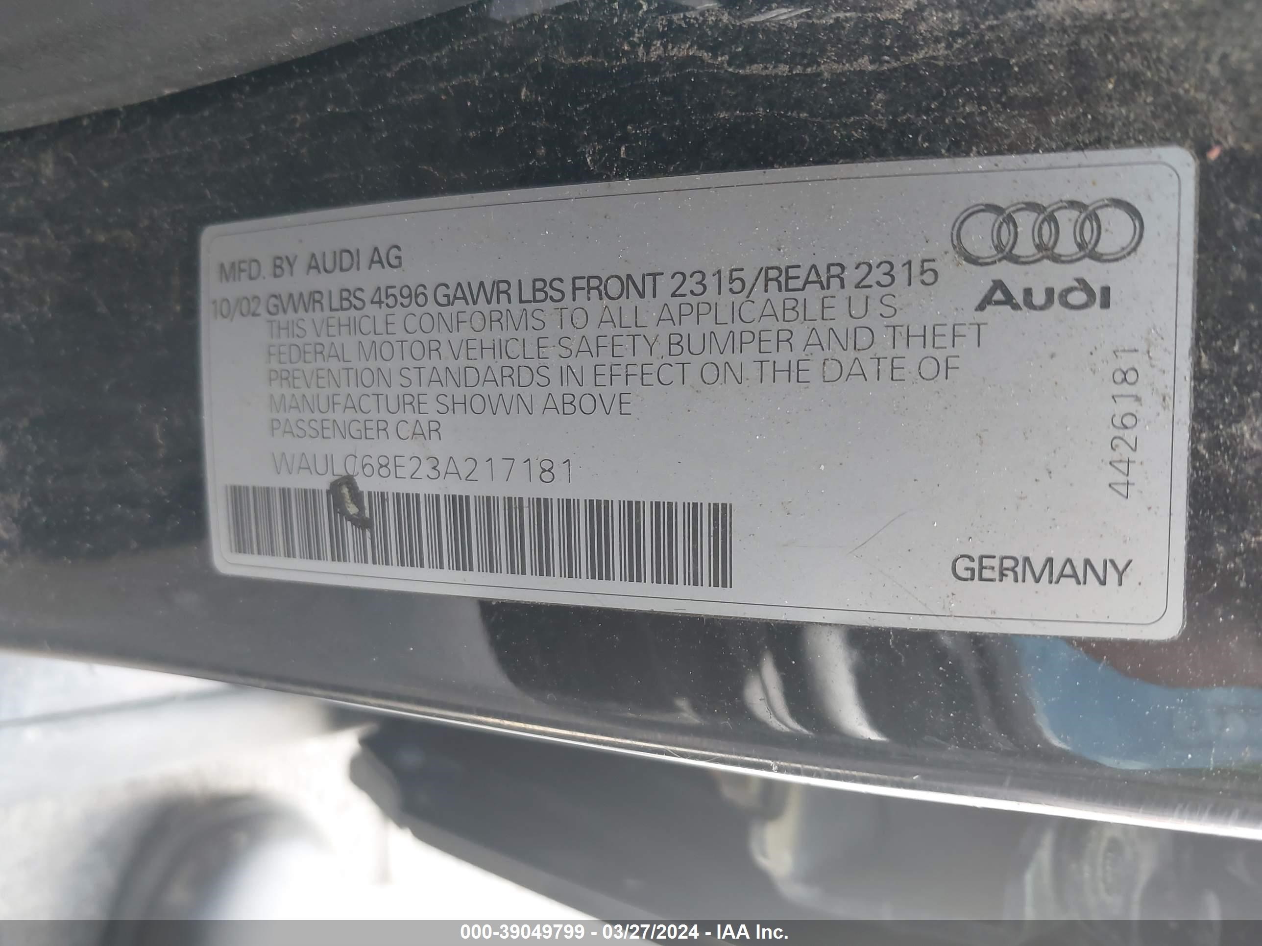 Photo 8 VIN: WAULC68E23A217181 - AUDI A4 