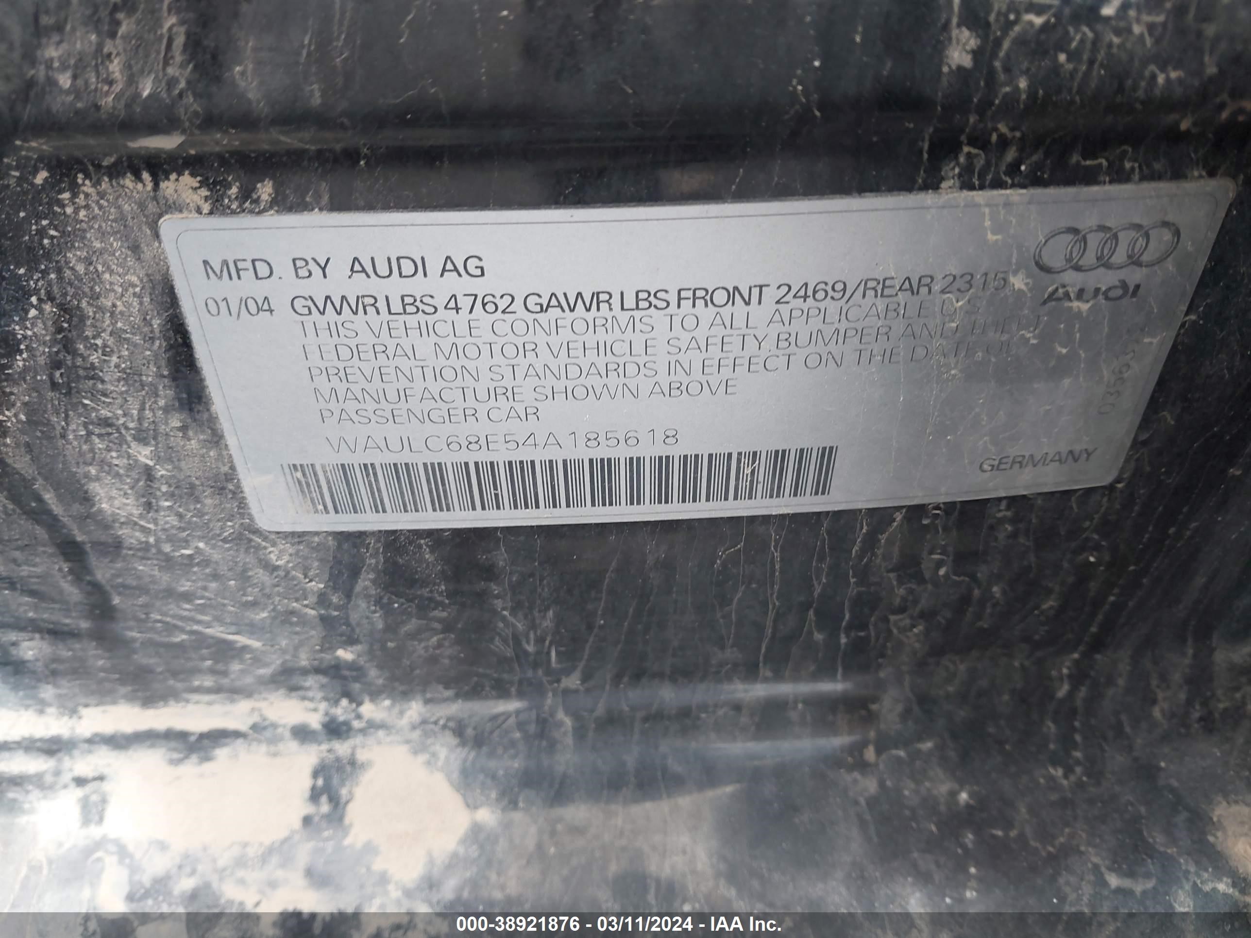 Photo 8 VIN: WAULC68E54A185618 - AUDI A4 