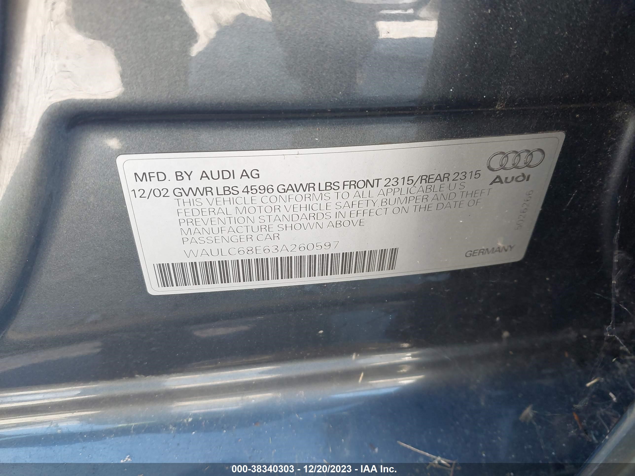 Photo 8 VIN: WAULC68E63A260597 - AUDI A4 