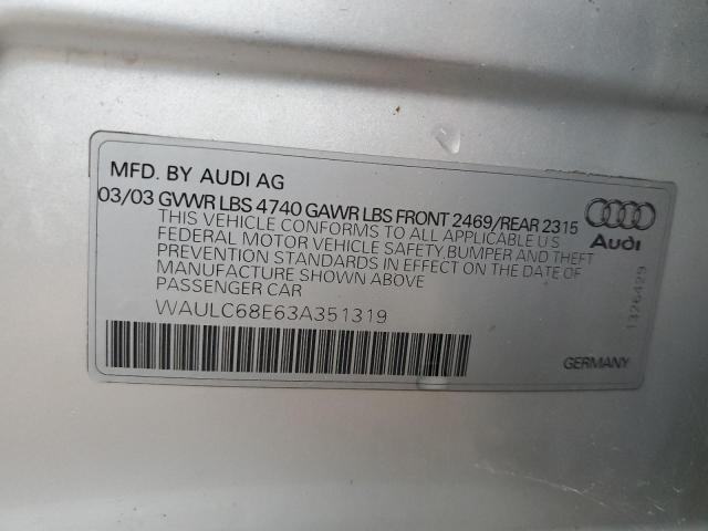 Photo 11 VIN: WAULC68E63A351319 - AUDI A4 1.8T QU 